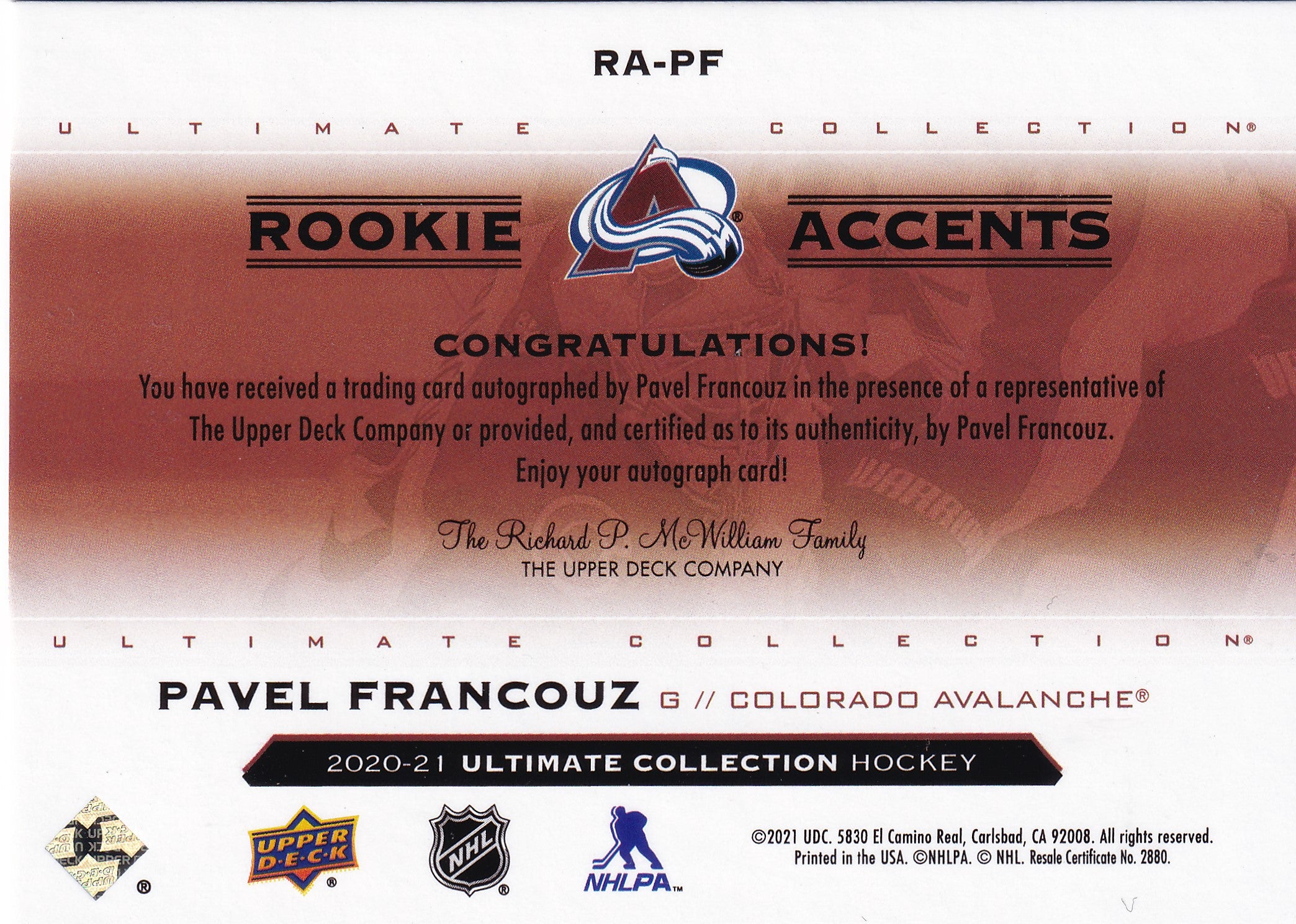 Pavel Francouz – 2020-21 Upper Deck Ultimate Collection Rookie Accents Autograph RC #RA-PF 69/99 – Colorado Avalanche