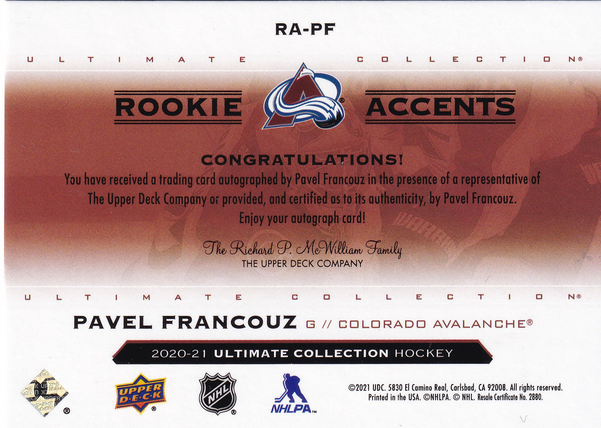 Pavel Francouz – 2020-21 Upper Deck Ultimate Collection Rookie Accents Autograph RC #RA-PF 69/99 – Colorado Avalanche