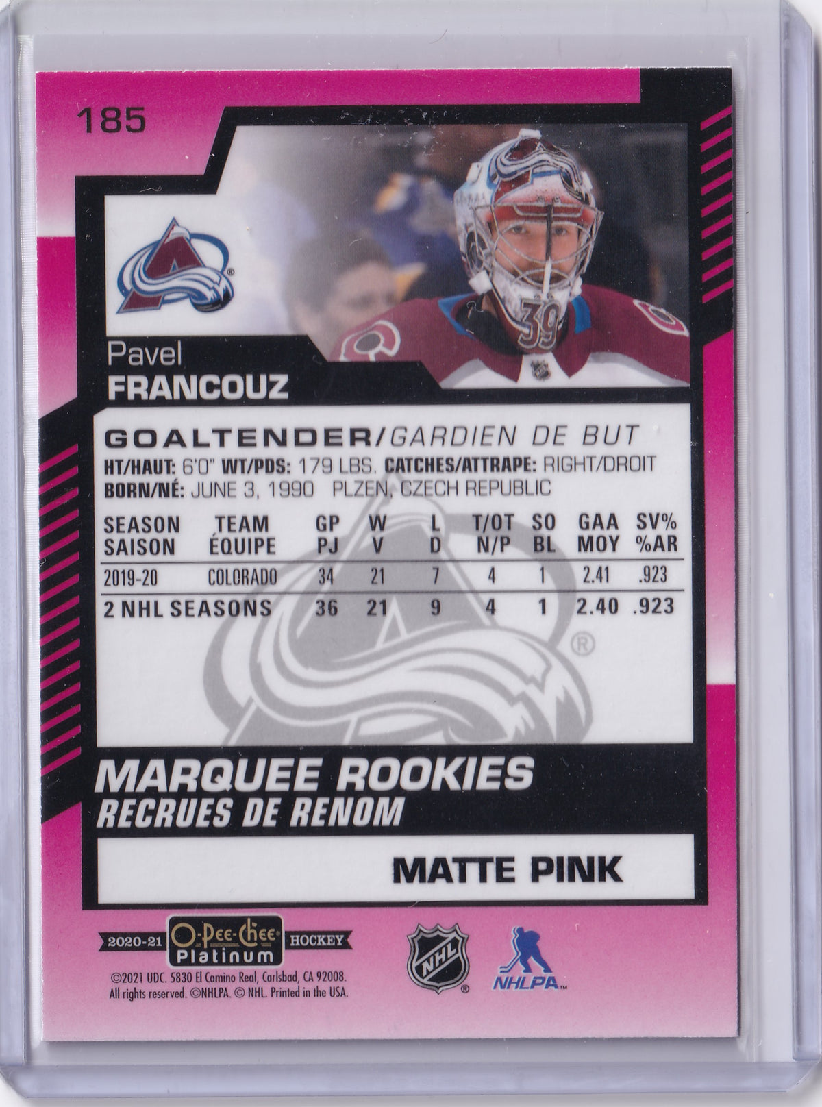 Pavel Francouz – 2020-21 O-Pee-Chee Platinum Marquee Rookies Matte Pink RC #185 – Colorado Avalanche