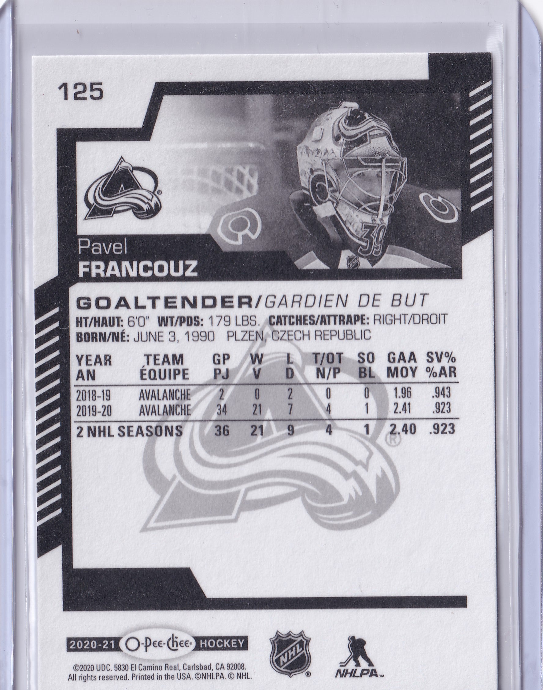 Pavel Francouz – 2020-21 O-Pee-Chee Rookie RC #125 – Colorado Avalanche