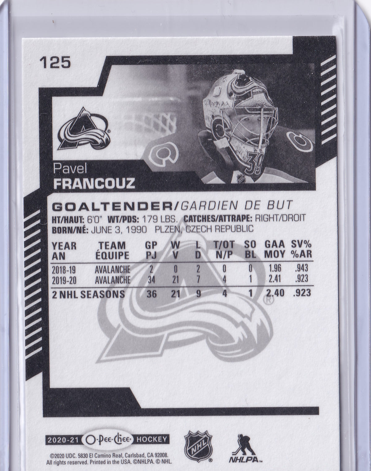 Pavel Francouz – 2020-21 O-Pee-Chee Rookie RC #125 – Colorado Avalanche