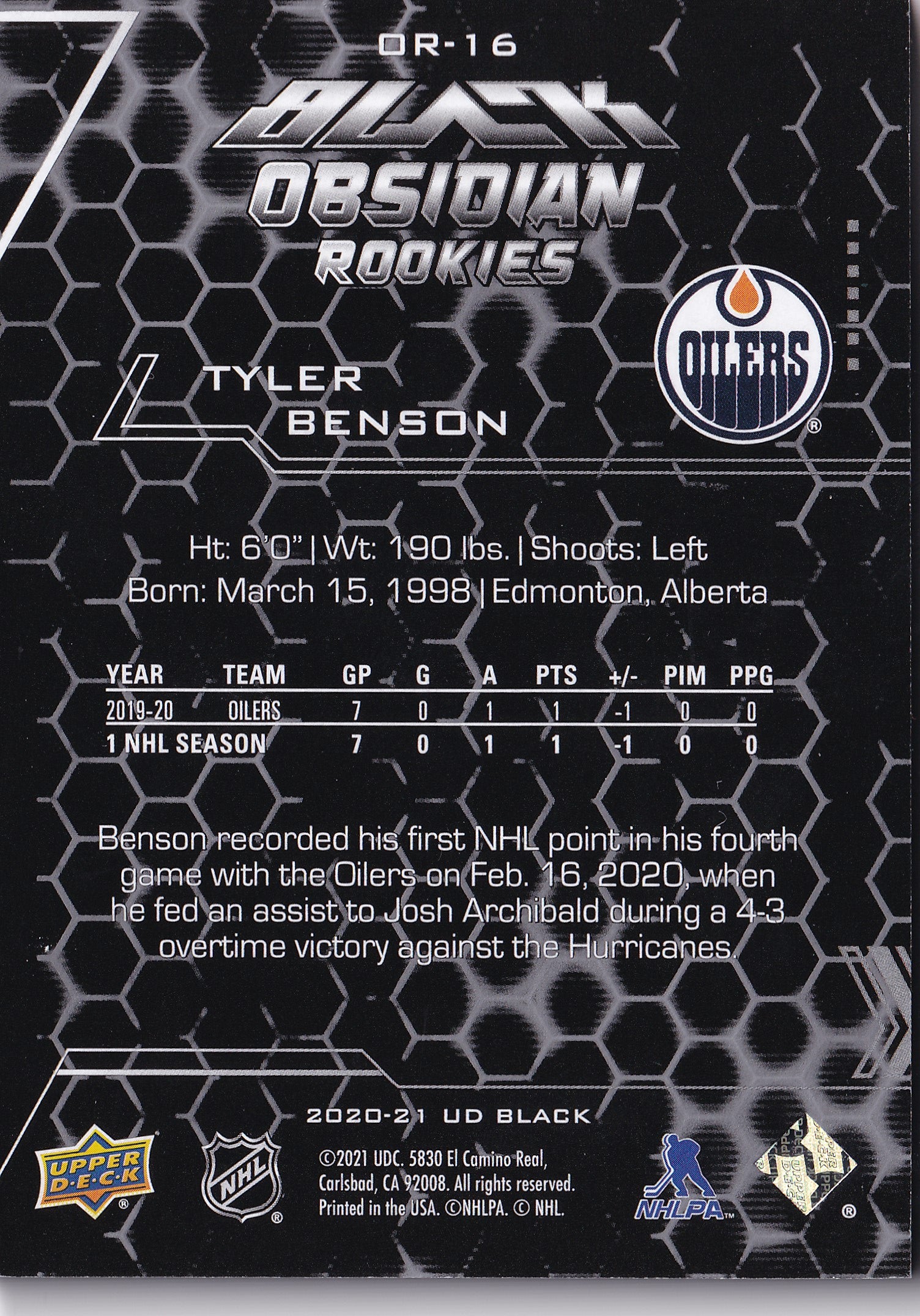 Tyler Benson – 2020-21 UD Black Obsidian Rookies #OR-16 /349 – Edmonton Oilers
