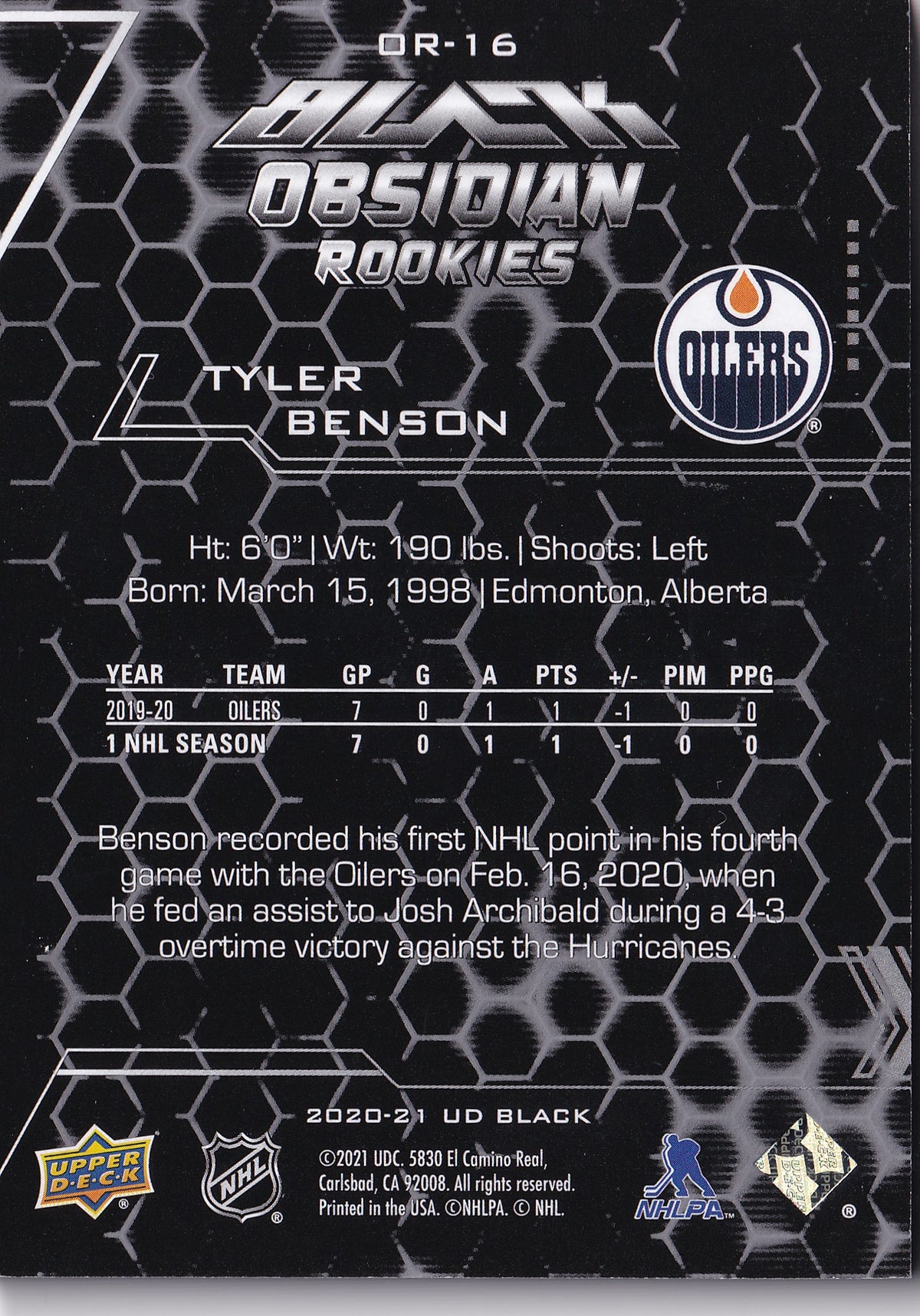 Tyler Benson – 2020-21 UD Black Obsidian Rookies #OR-16 /349 – Edmonton Oilers