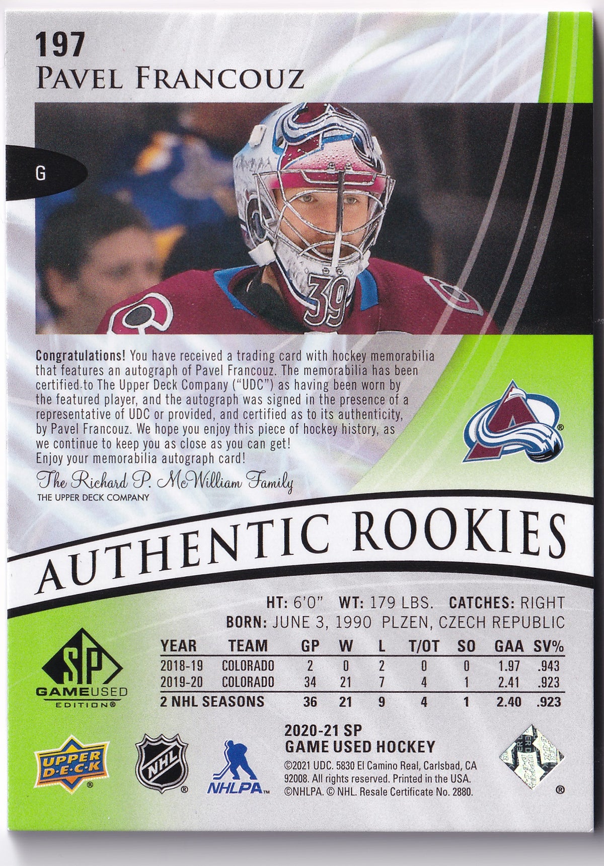 Pavel Francouz – 2020-21 SP Game Used Authentic Rookies Green Auto Patch /35 #197