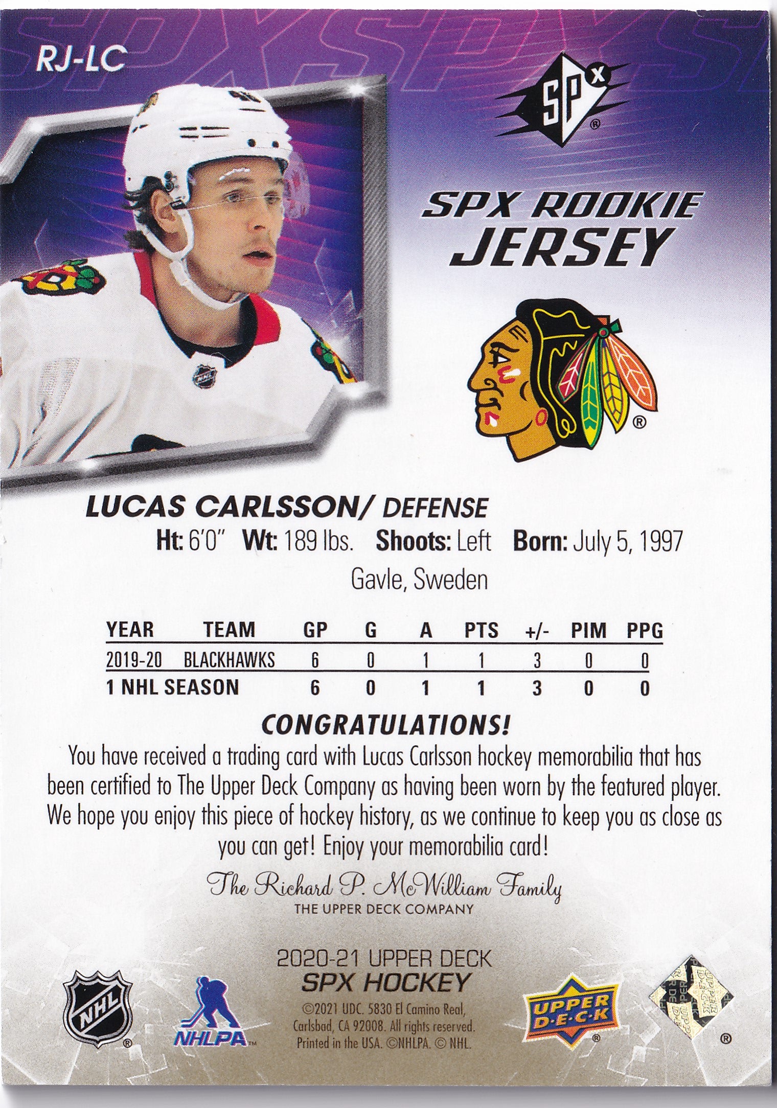 Lucas Carlsson – 2020-21 Upper Deck SPx Rookie Jersey Gold Spectrum #RJ-LC /99