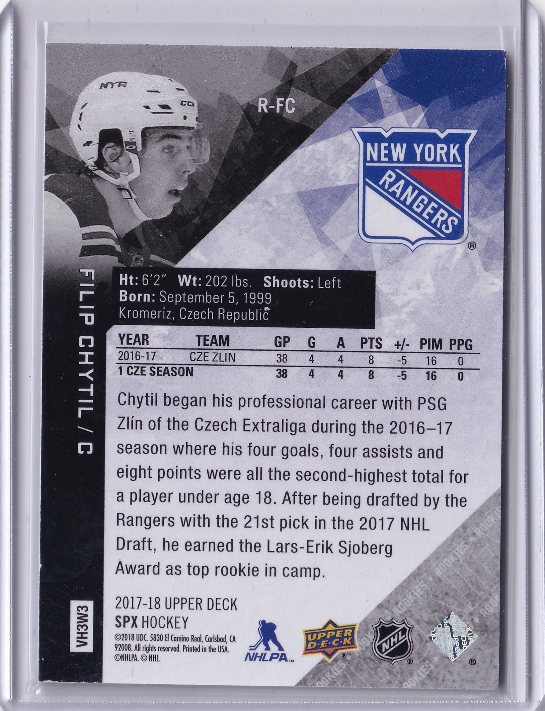 Filip Chytil – 2017-18 Upper Deck SPx Rookies RC #R-FC 146/299 – New York Rangers