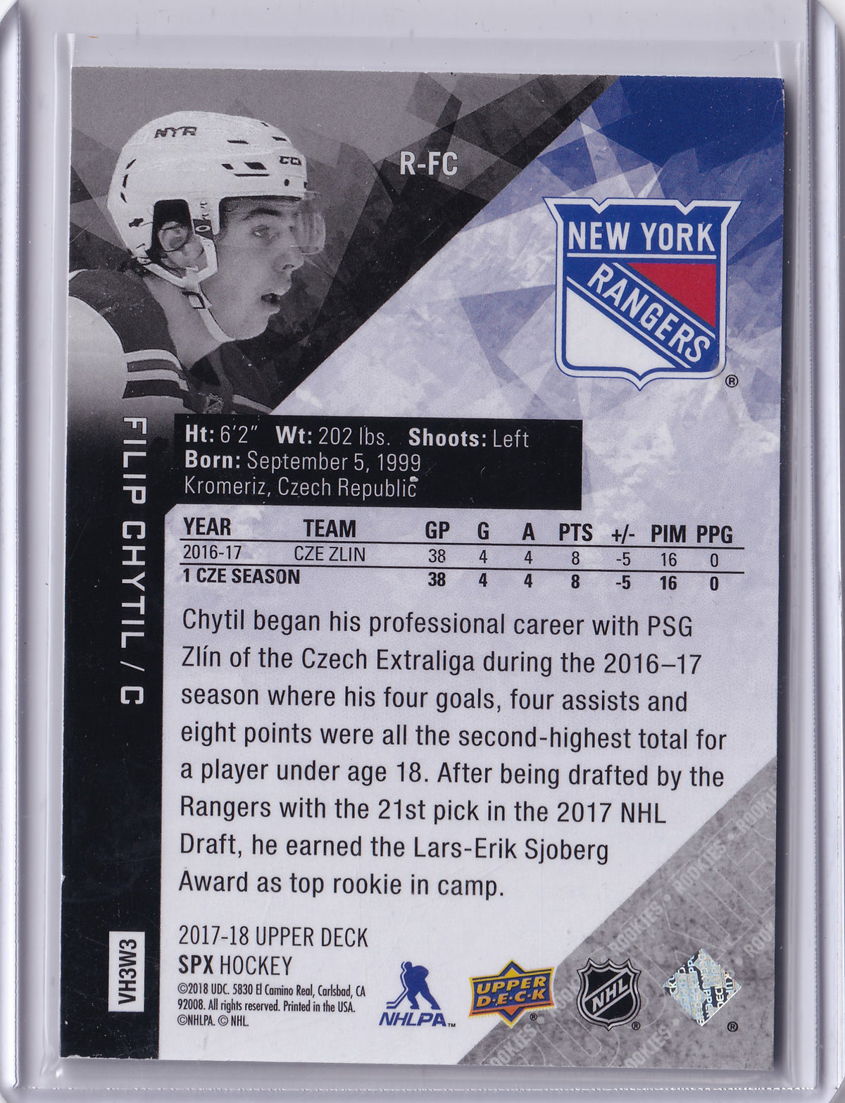 Filip Chytil – 2017-18 Upper Deck SPx Rookies RC #R-FC 146/299 – New York Rangers