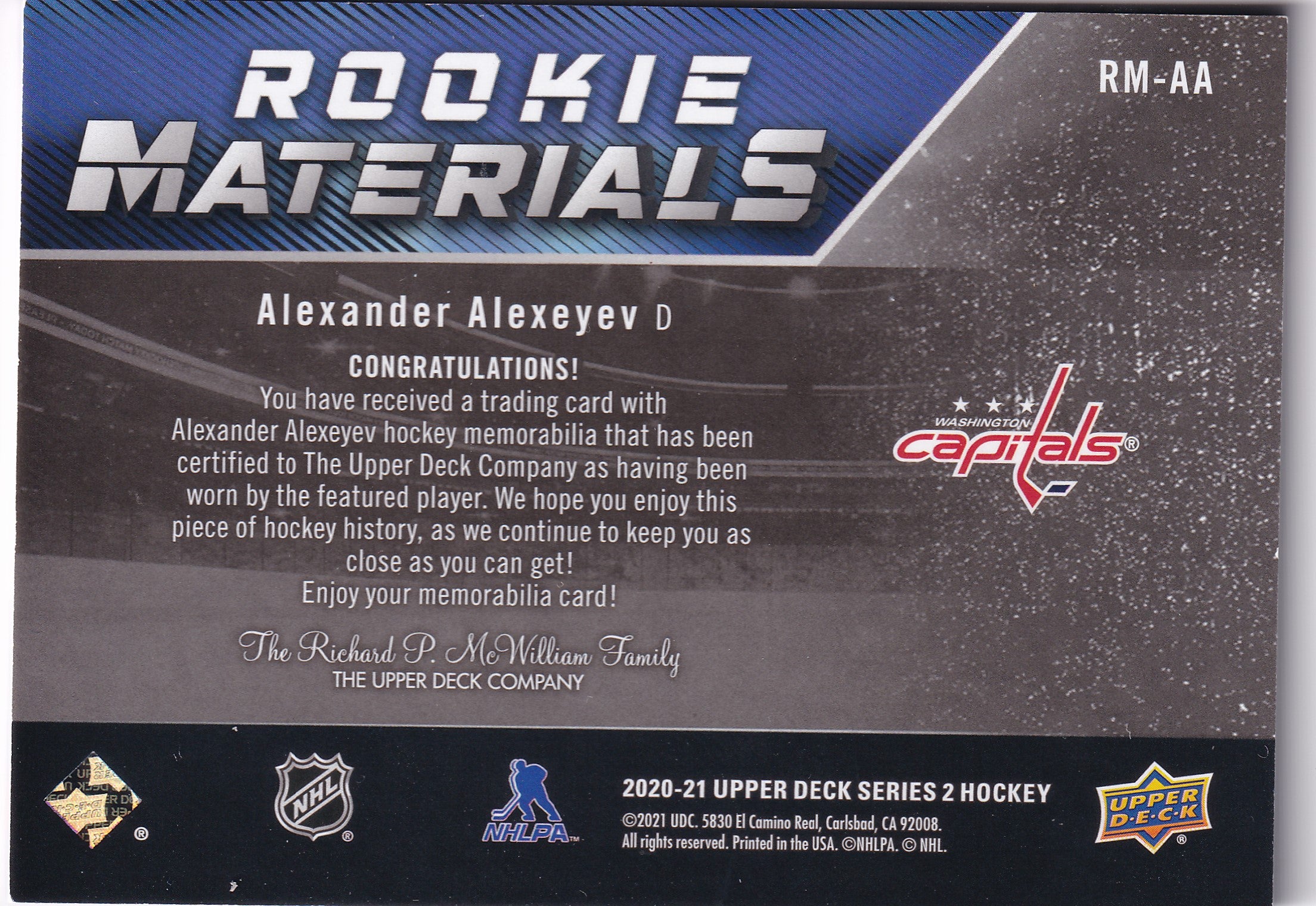 Alexander Alexeyev – 2020-21 Upper Deck Series 2 Rookie Materials Jersey RM-AA