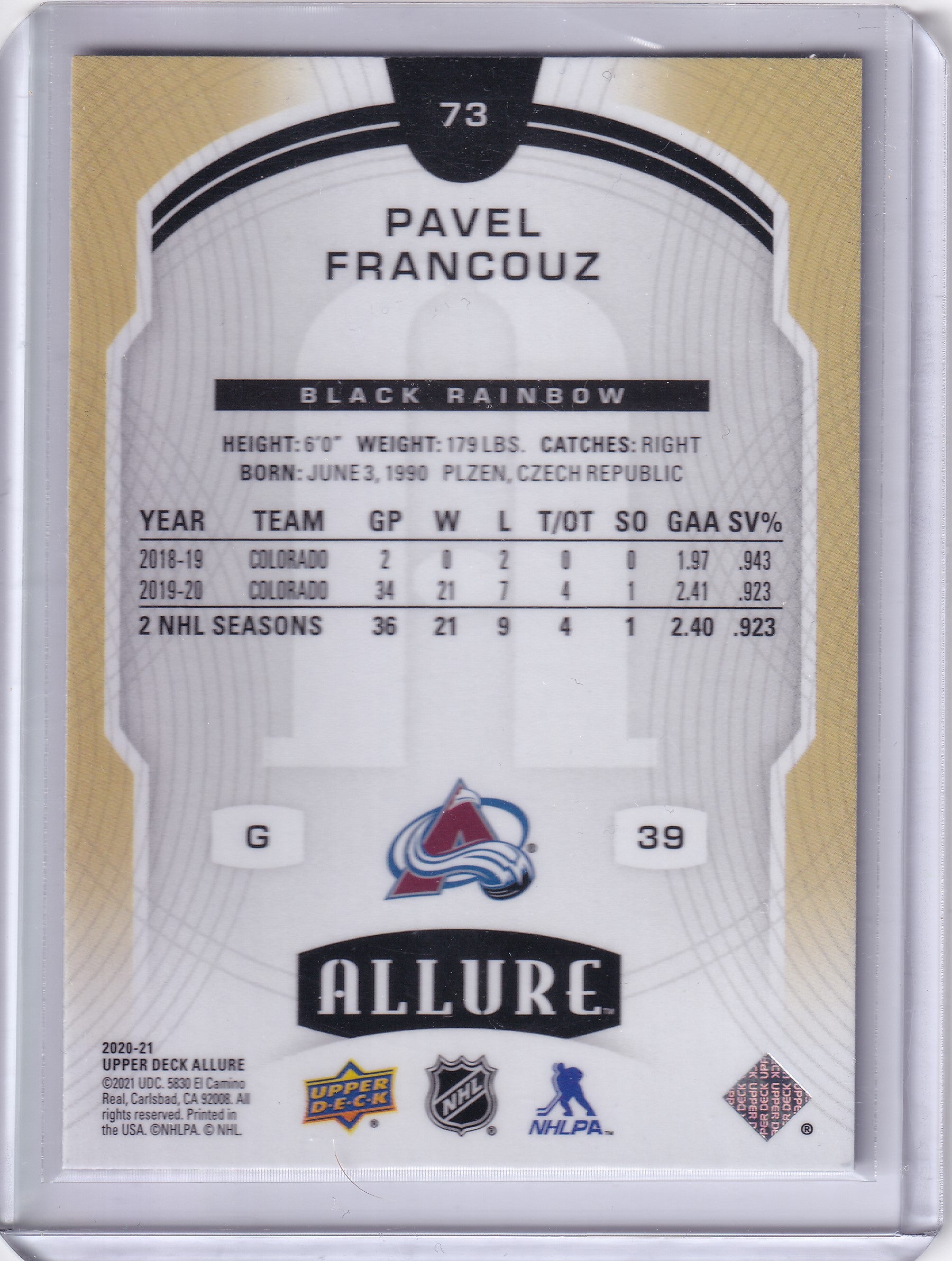 Pavel Francouz #73 – Black Rainbow Rookie – 2020-21 Upper Deck Allure