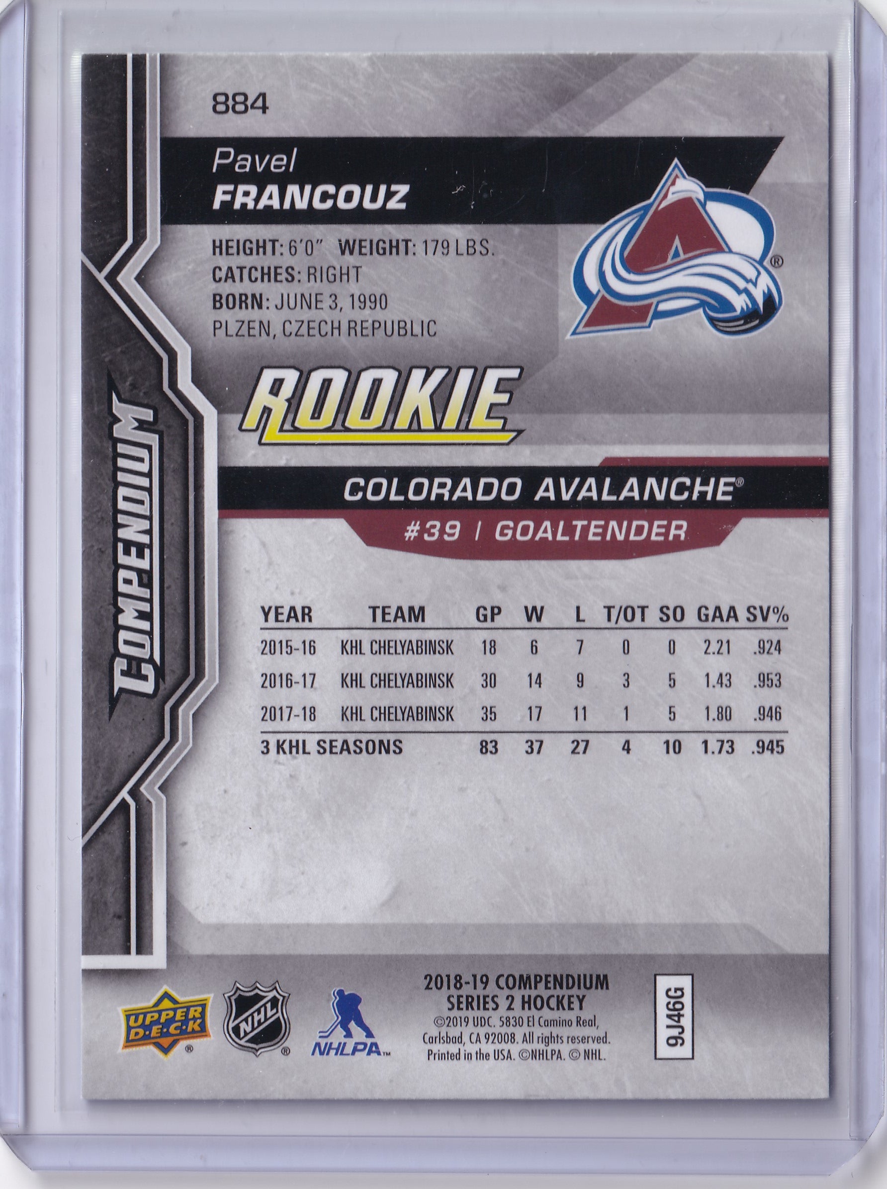 Pavel Francouz #884 – Rookie Blue – 2018-19 Upper Deck Compendium