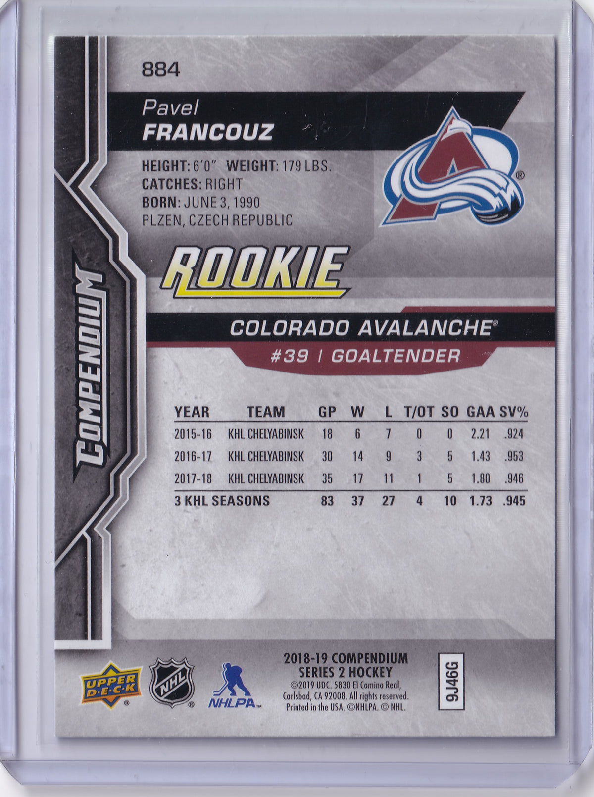 Pavel Francouz #884 – Rookie Blue – 2018-19 Upper Deck Compendium