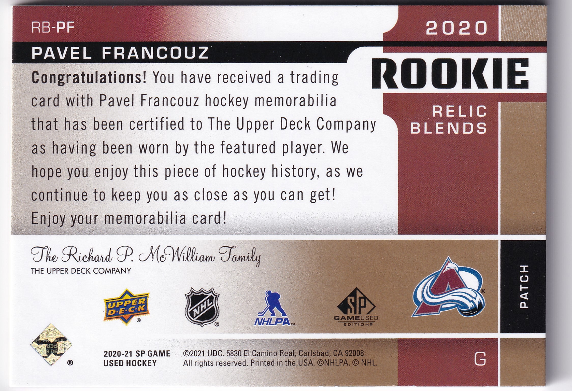 Pavel Francouz RB-PF – Rookie Relic Blends Patch 13/15 – 2020-21 SP Game Used