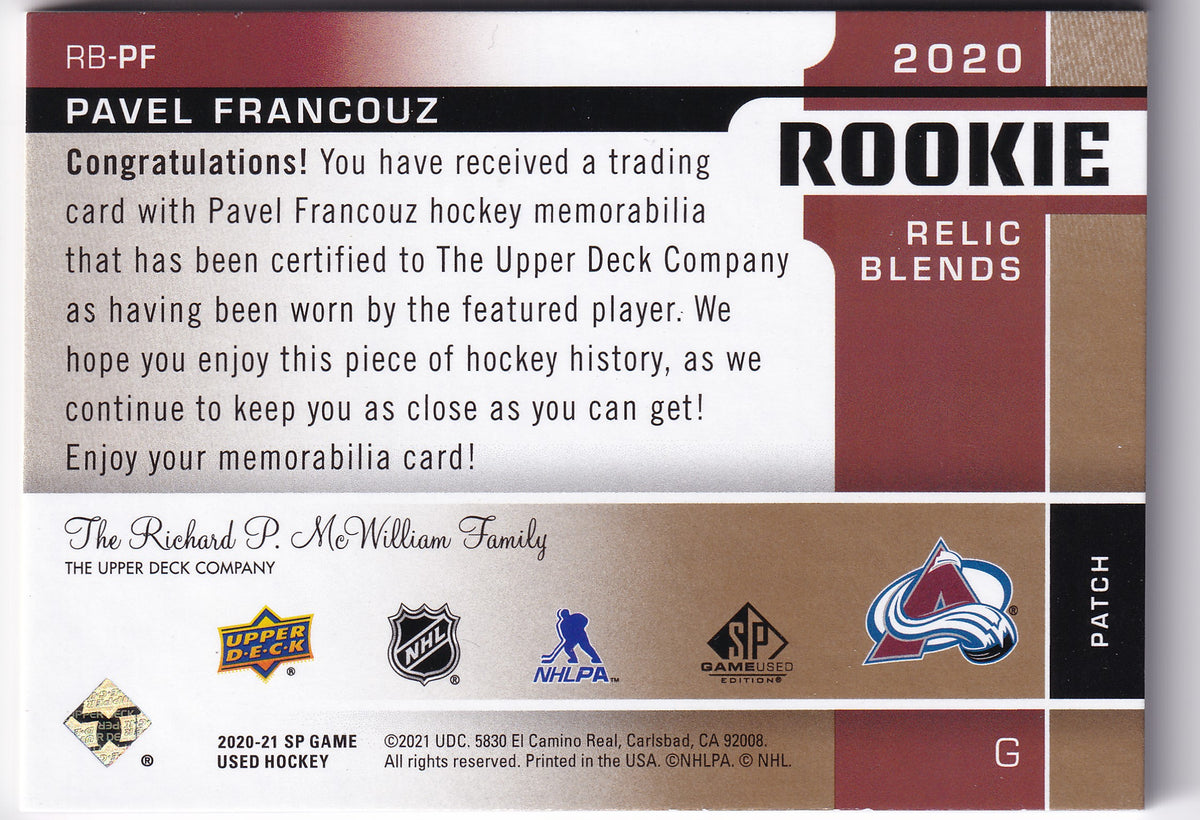 Pavel Francouz RB-PF – Rookie Relic Blends Patch 13/15 – 2020-21 SP Game Used