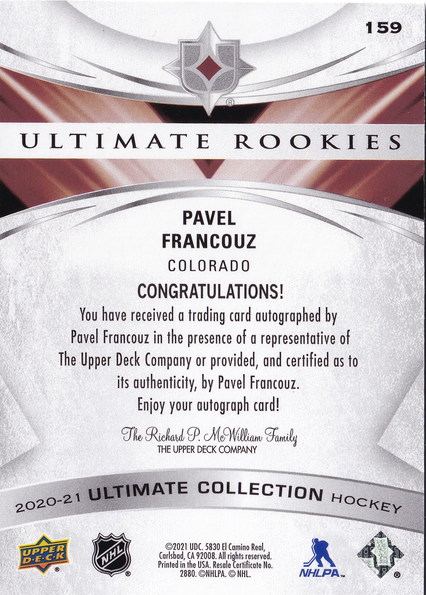 Pavel Francouz – 2020-21 Upper Deck Ultimate Collection Ultimate Rookies Auto RC #159 /299 – Colorado Avalanche