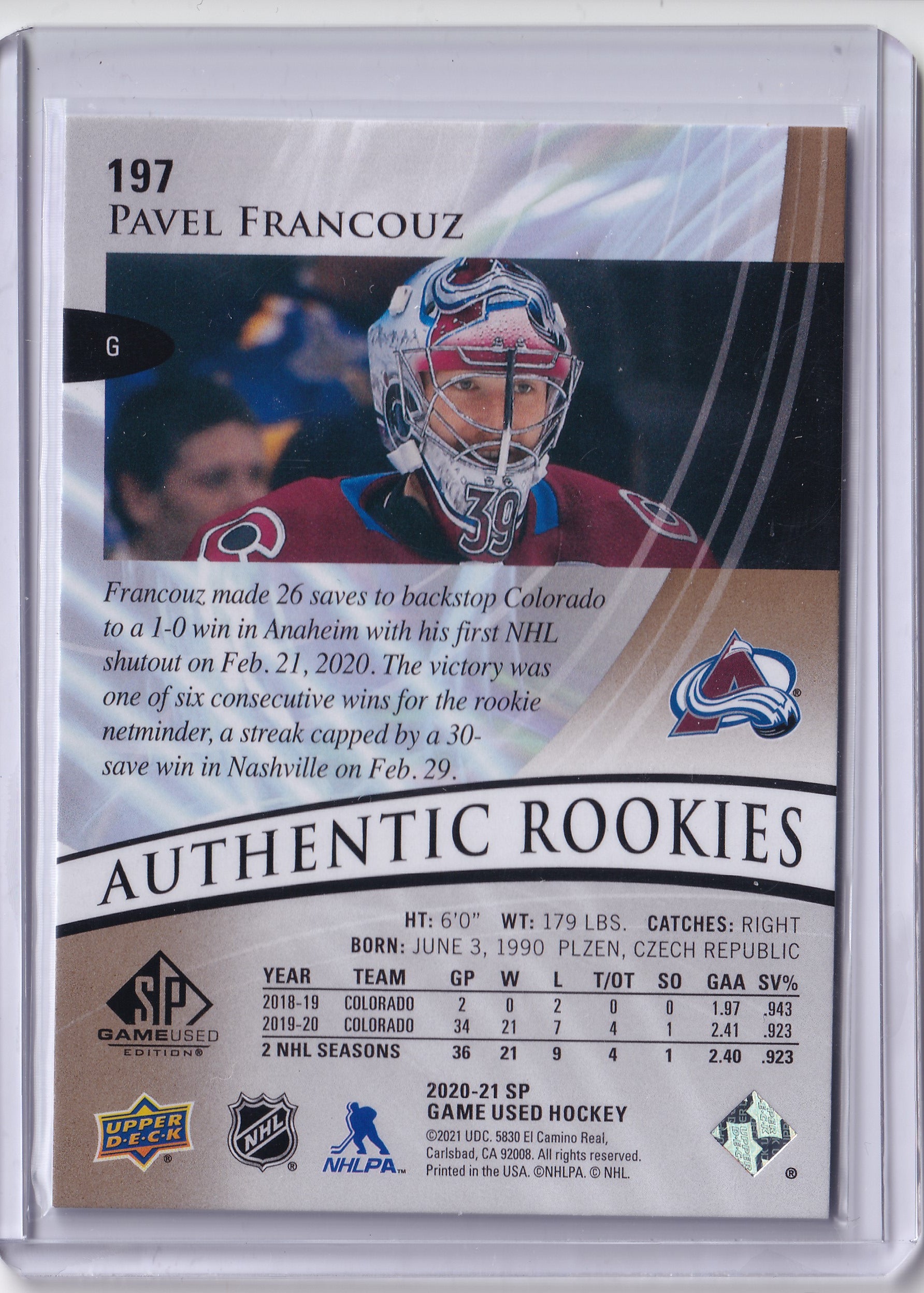 Pavel Francouz – 2020-21 SP Game Used Authentic Rookies Golden Burst RC #197 280/299 – Colorado Avalanche