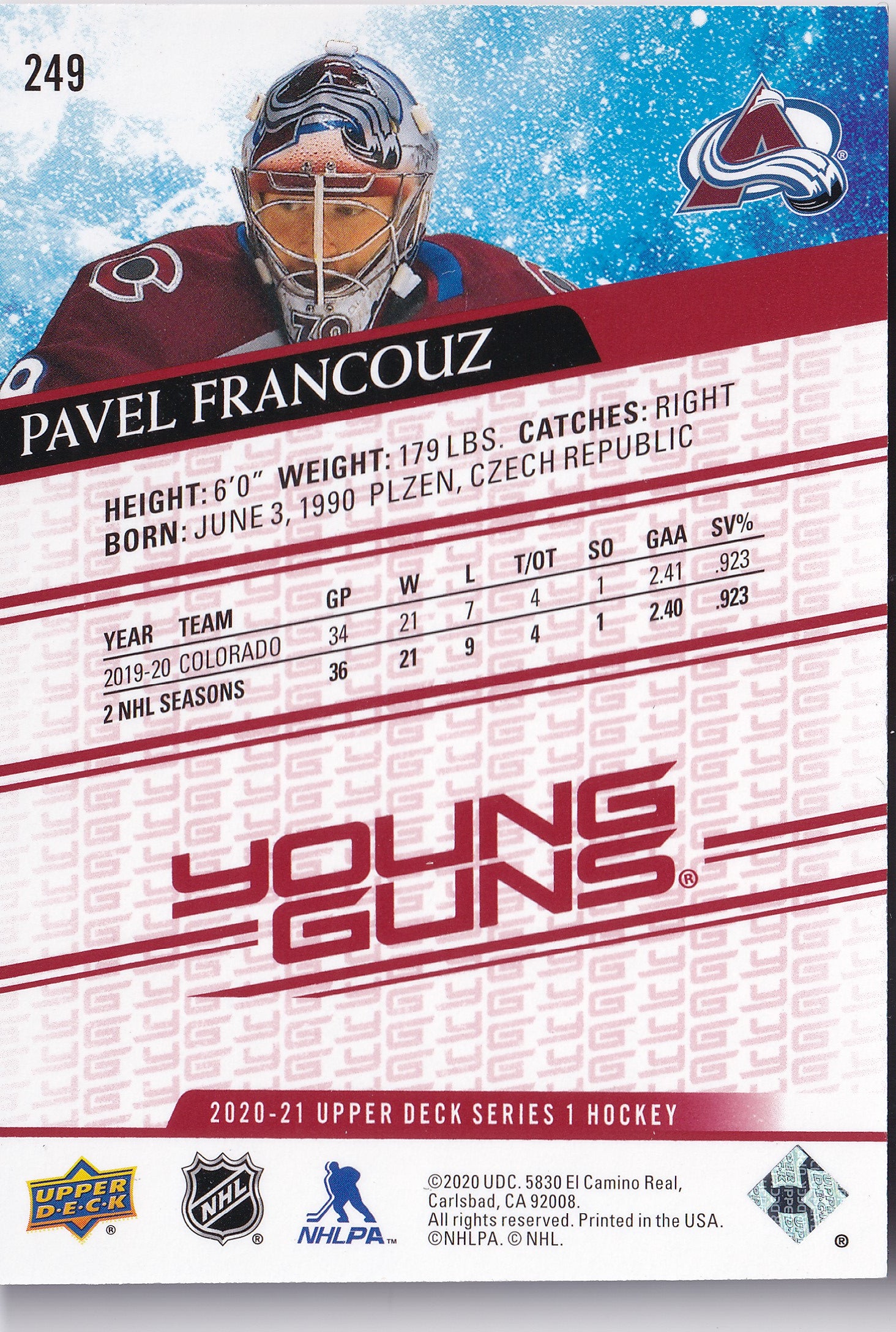 Pavel Francouz #249 – Young Guns UD Exclusives 071/100 – 2020-21 Upper Deck Series 1