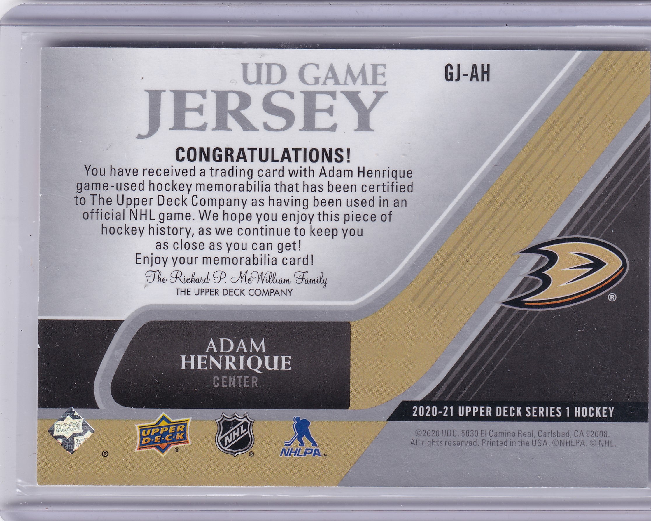 Adam Henrique – 2020-21 Upper Deck UD Game Jersey GJ-AH