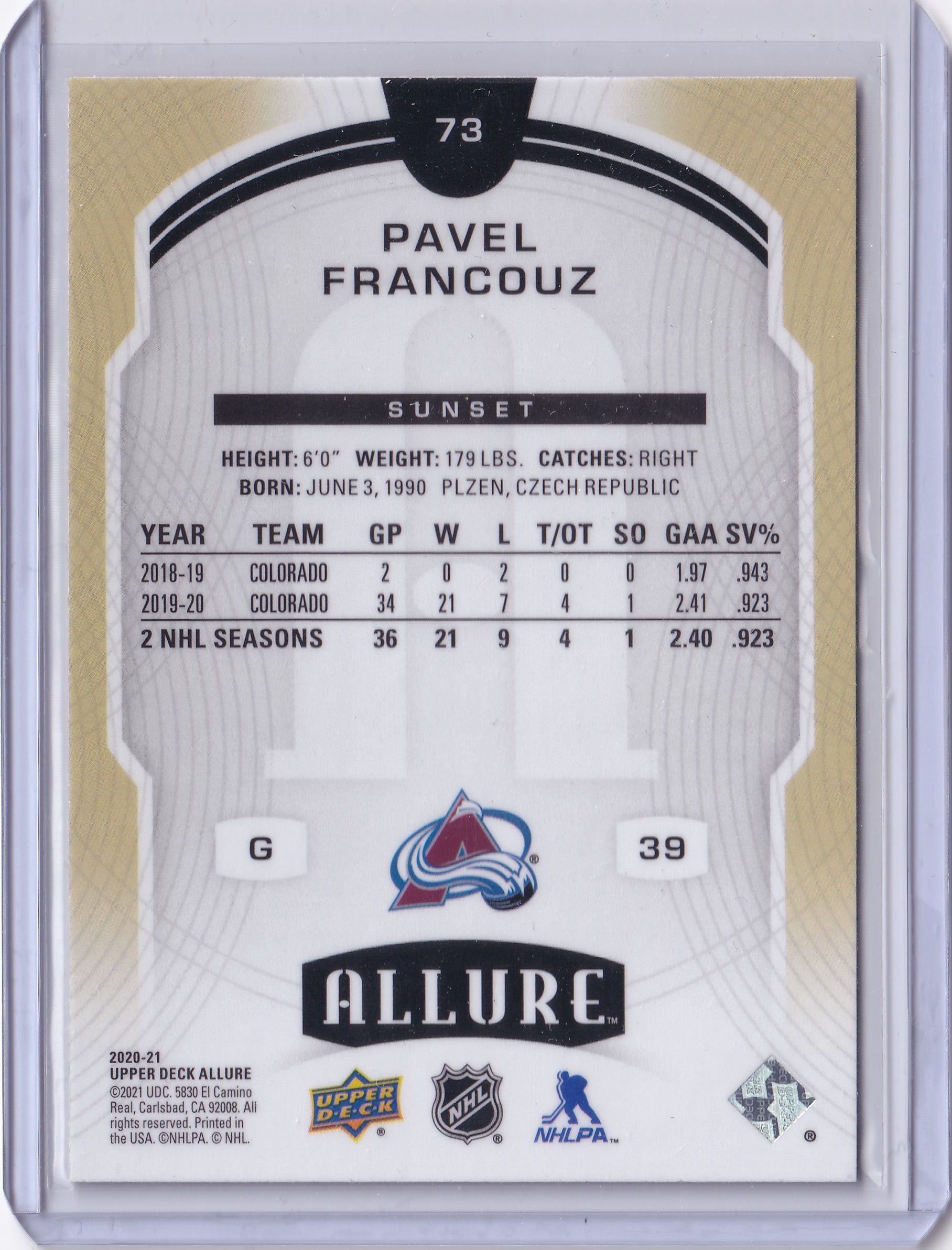 Pavel Francouz #73 – Sunset Rookie – 2020-21 Upper Deck Allure
