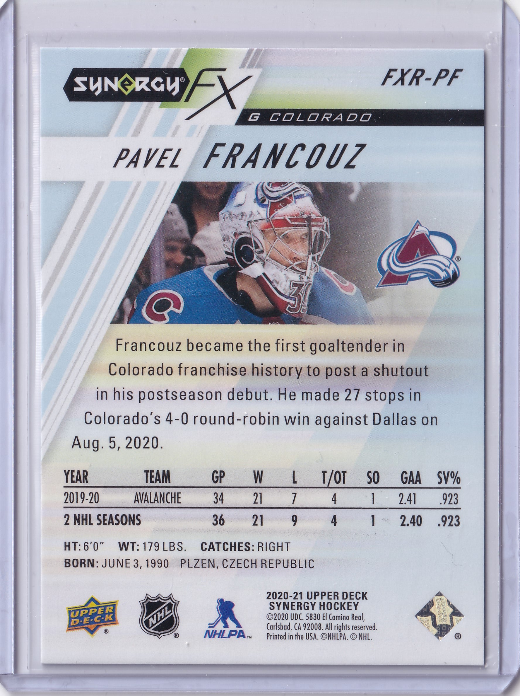 Pavel Francouz – 2020-21 Upper Deck Synergy FX Rookies RC #FXR-PF 352/749 – Colorado Avalanche