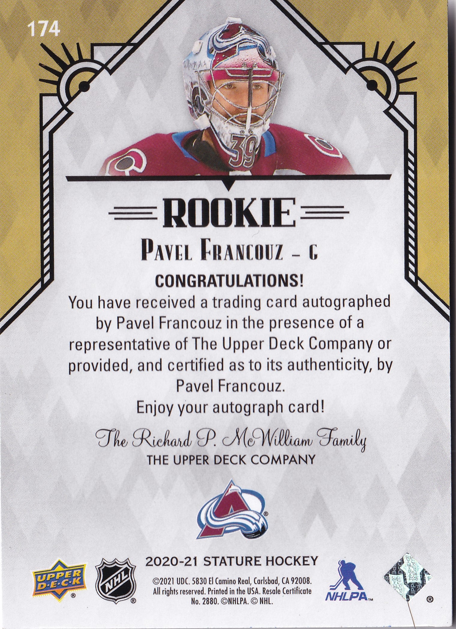 Pavel Francouz – 2020-21 Upper Deck Stature Rookie Red Auto #174 40/45