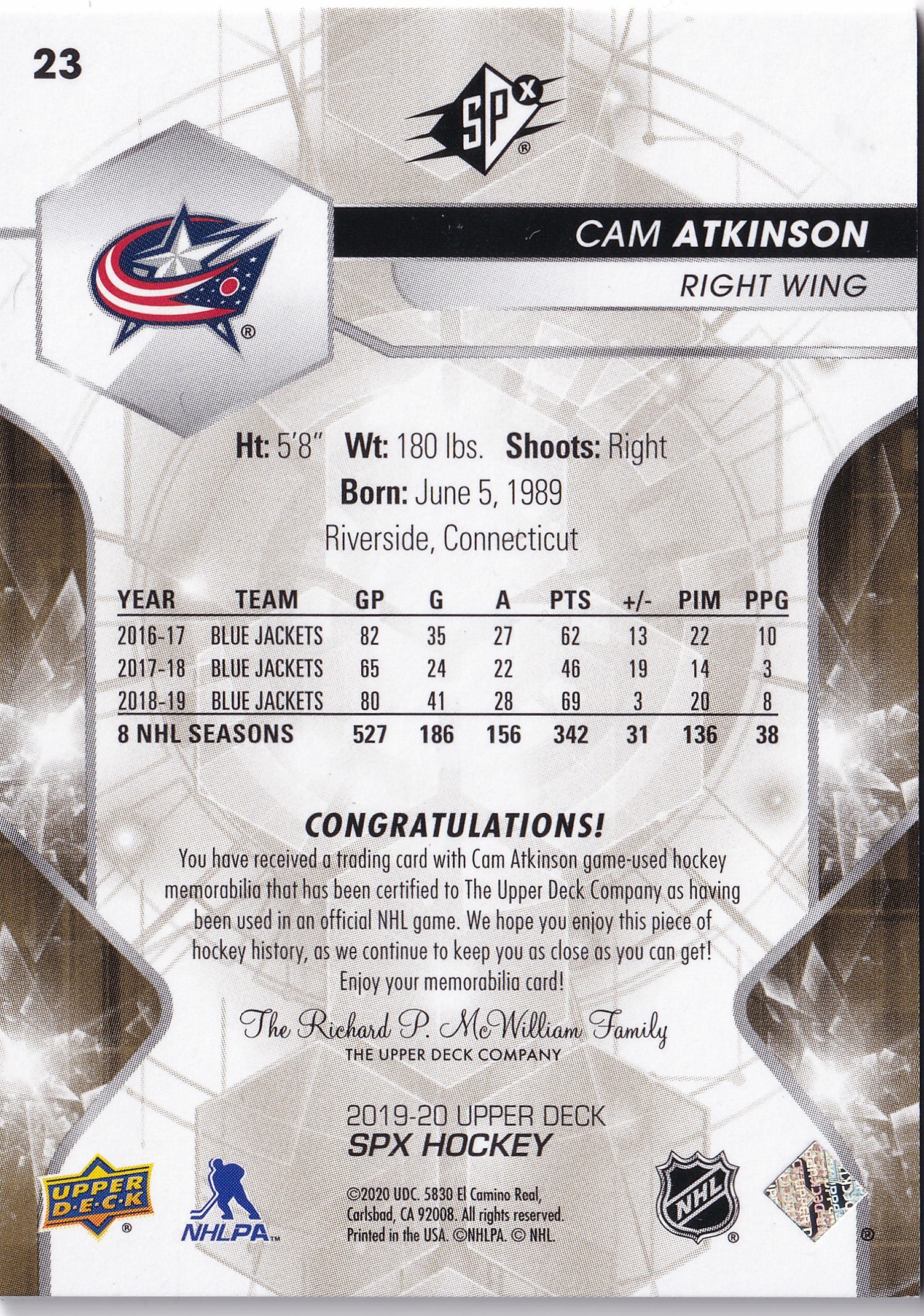 Cam Atkinson – 2019-20 Upper Deck SPx Base Materials Jersey #23 /199 Game-Used