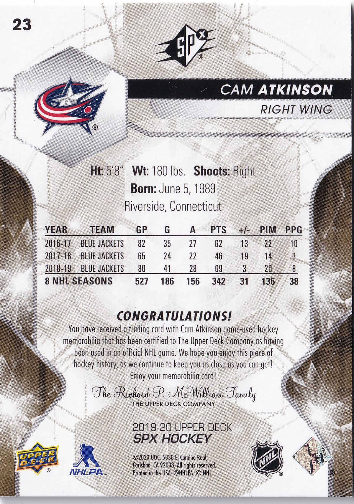 Cam Atkinson – 2019-20 Upper Deck SPx Base Materials Jersey #23 /199 Game-Used