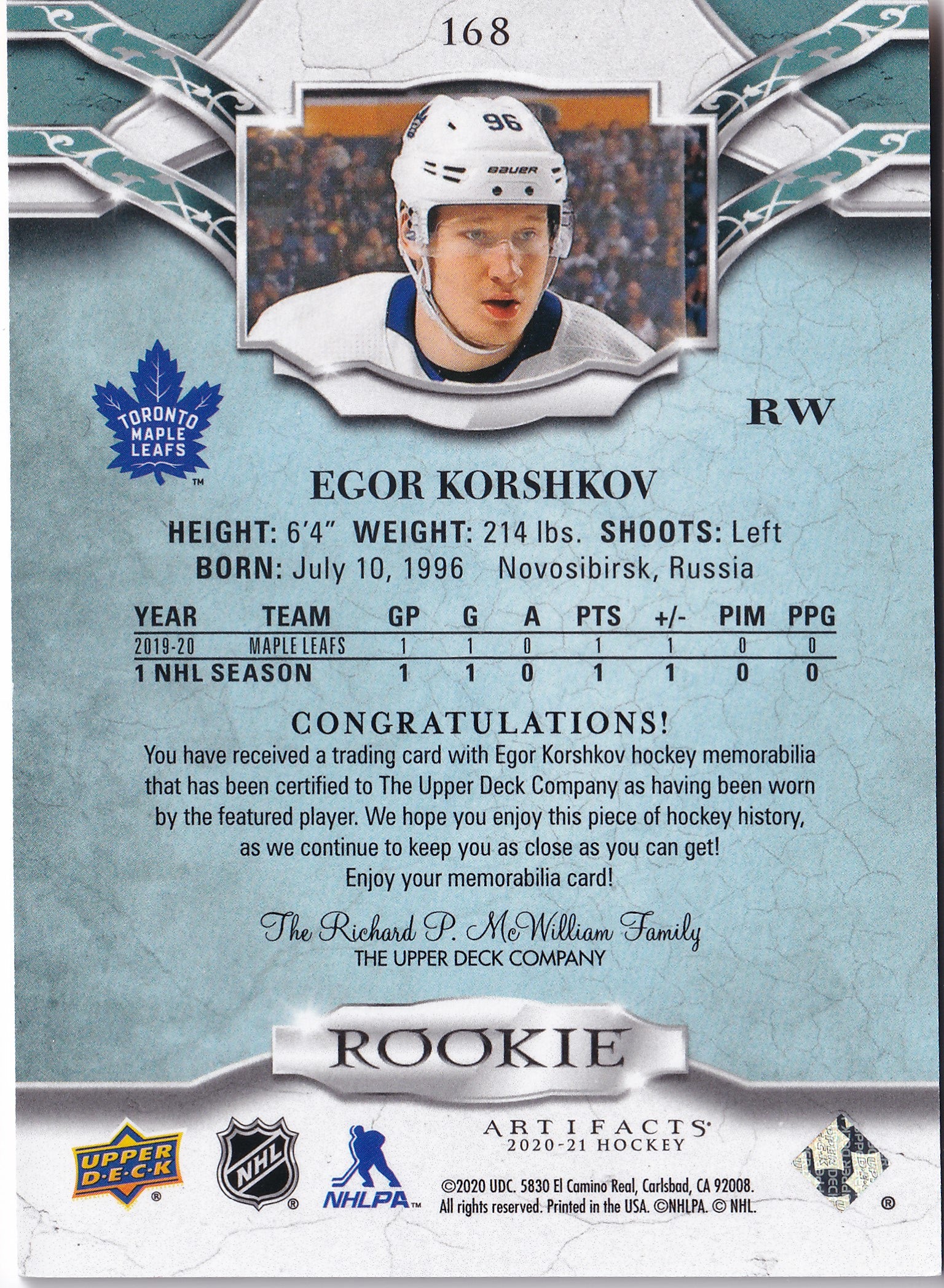 Egor Korshkov – 2020-21 Upper Deck Artifacts Rookie Dual Jersey #168 /599 – Toronto Maple Leafs
