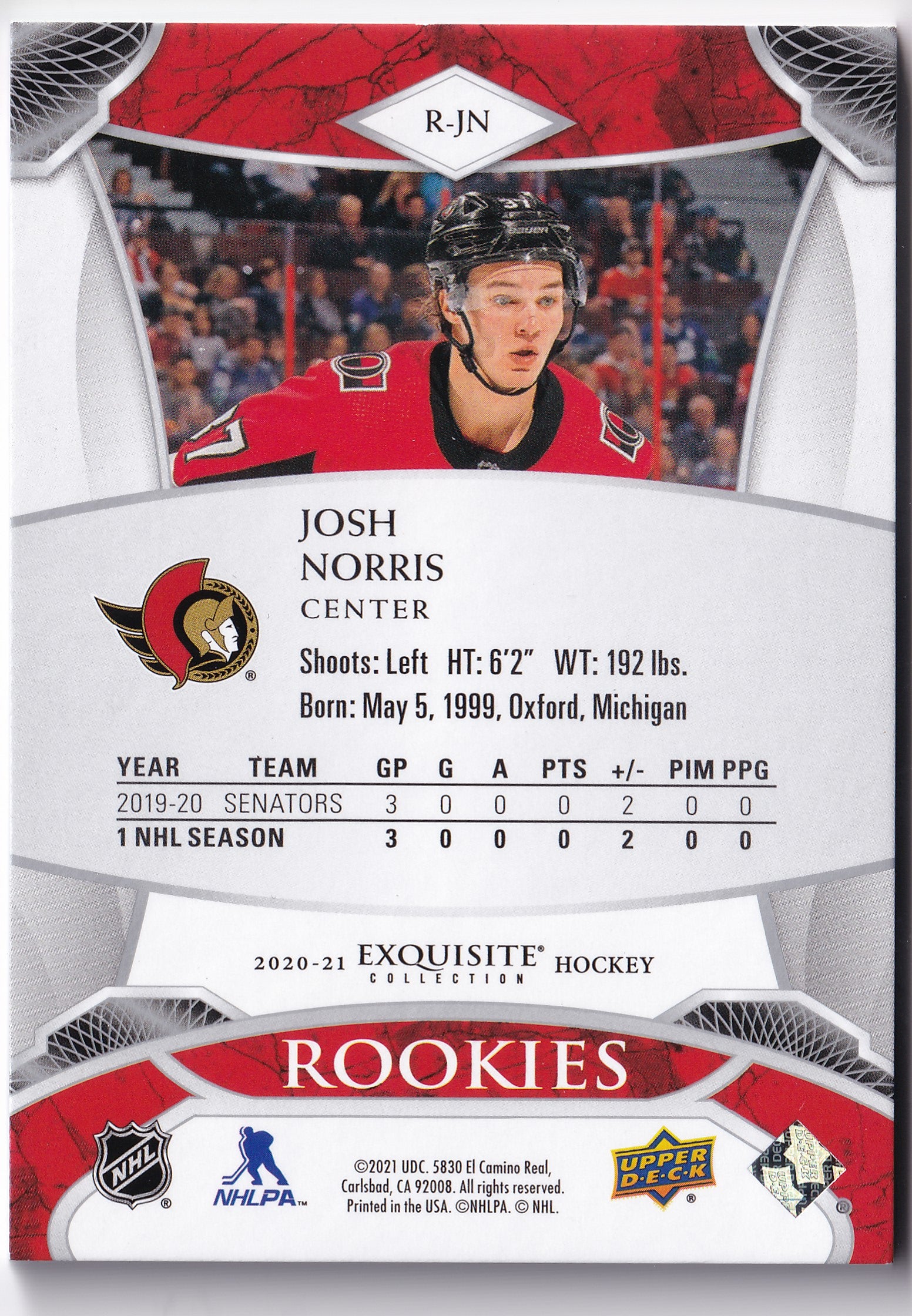 Josh Norris – 2020-21 Upper Deck Black Diamond Exquisite Collection Rookies RC #R-JN 072/299 – Ottawa Senators