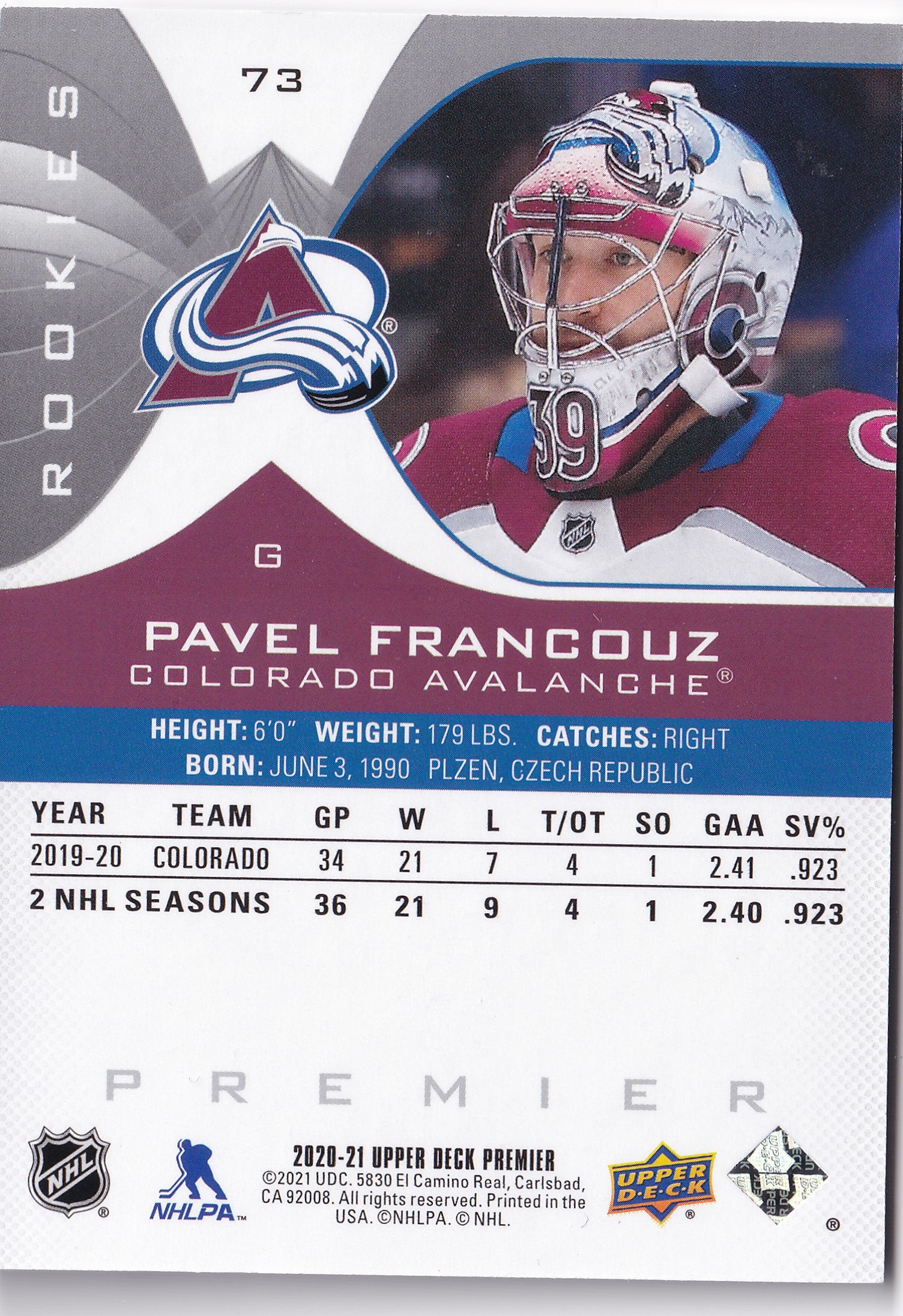 Pavel Francouz – 2020-21 Upper Deck Premier Rookies #73 /299 – RC