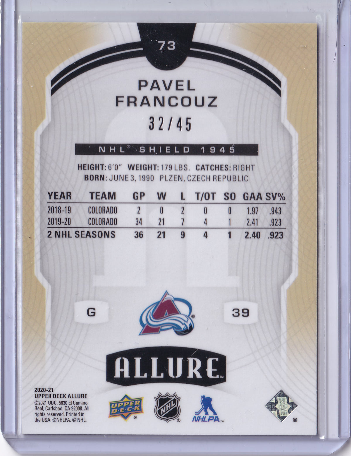 Pavel Francouz – 2020-21 Upper Deck Allure 1945 Shield Rookie RC #73 /45 – Colorado Avalanche
