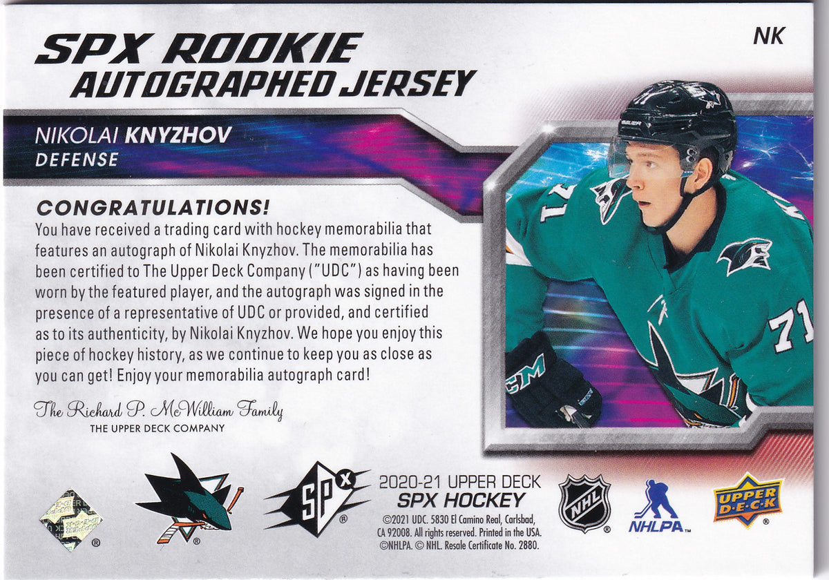 Nikolai Knyzhov – 2020-21 Upper Deck SPx Rookie Autographed Jersey /375 – San Jose Sharks