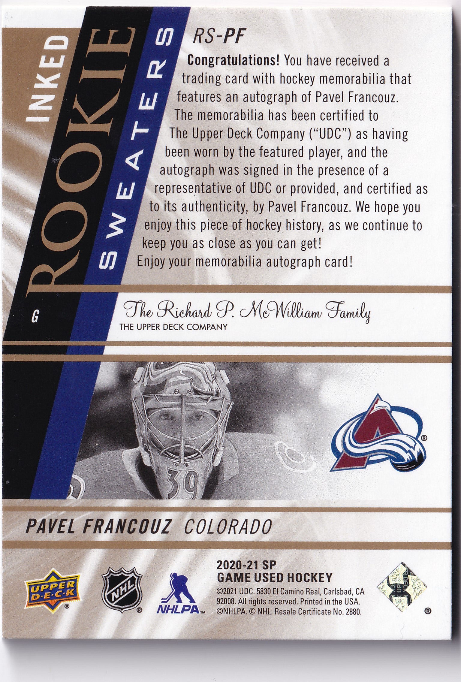 Pavel Francouz – 2020-21 SP Game Used Inked Rookie Sweaters Patch Auto /49 #RS-PF