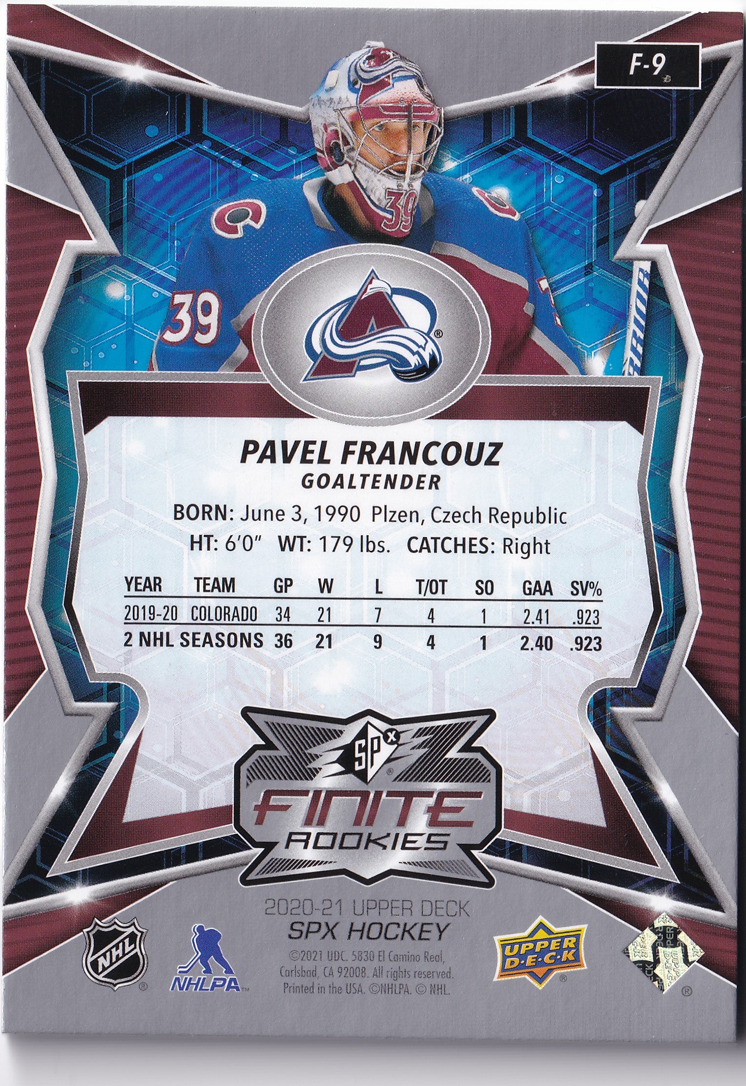 Pavel Francouz F-9 – Finite Rookies – 2020-21 Upper Deck SPx