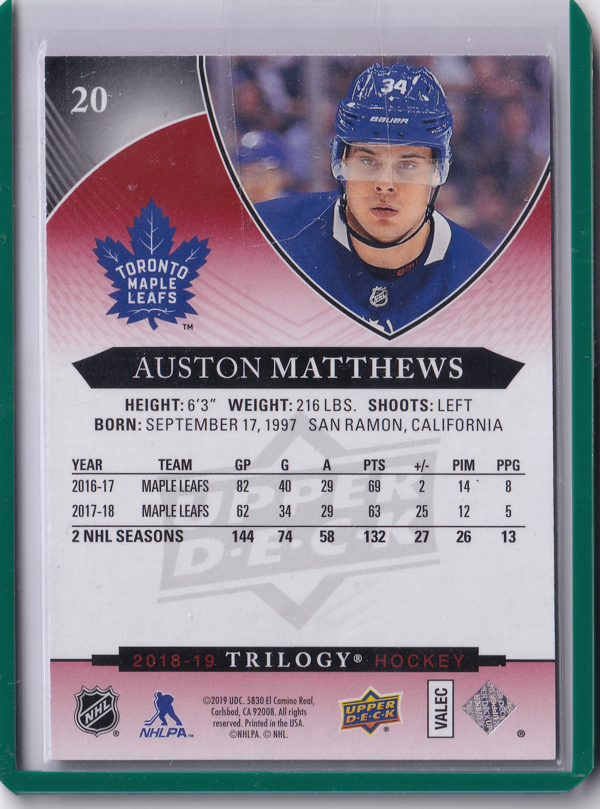 Auston Matthews – 2018-19 Upper Deck Trilogy Red Foil #20 /425