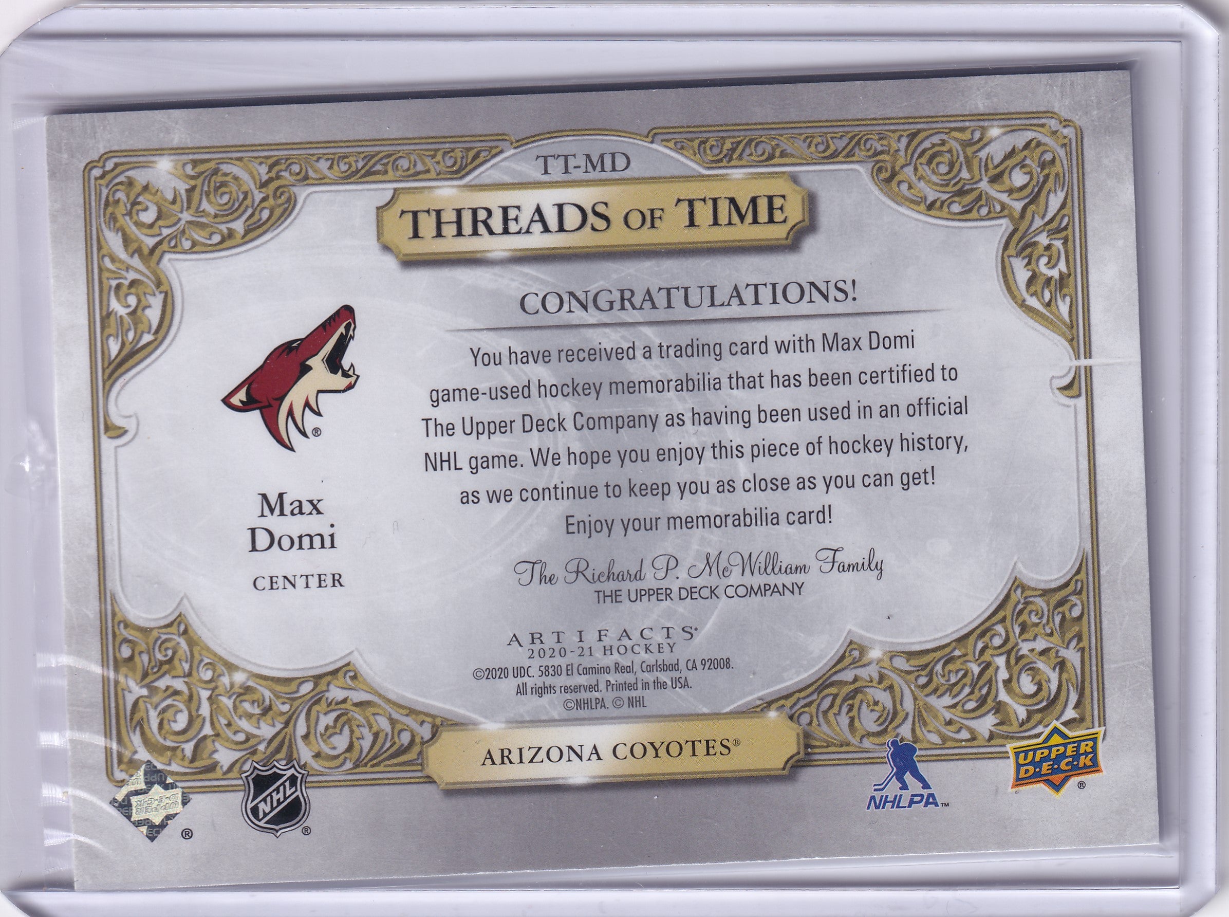 Max Domi – 2020-21 Upper Deck Artifacts Threads of Time Jersey #TT-MD Game-Used
