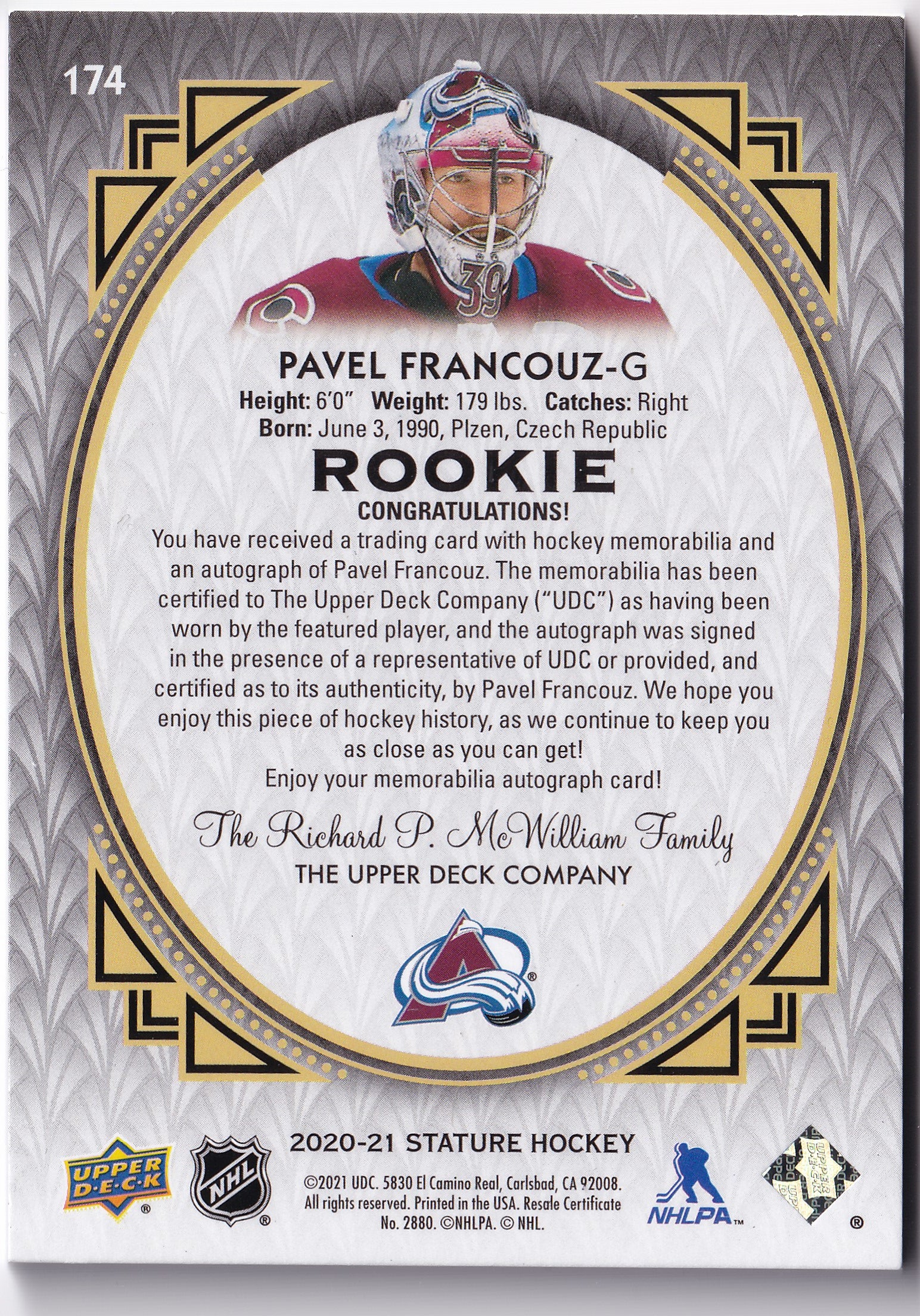 Pavel Francouz #174 – Portrait Autographs Patch 25/33 – 2020-21 Upper Deck Stature