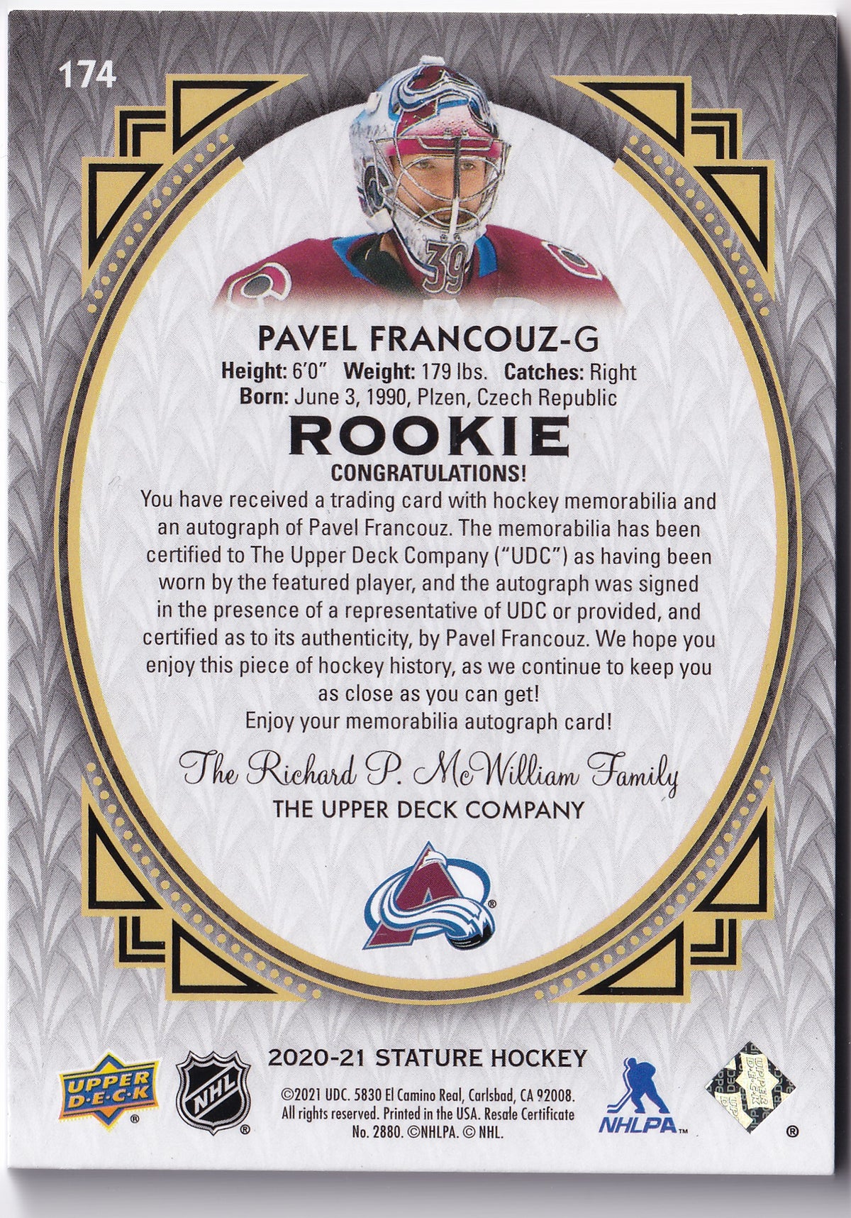 Pavel Francouz #174 – Portrait Autographs Patch 25/33 – 2020-21 Upper Deck Stature