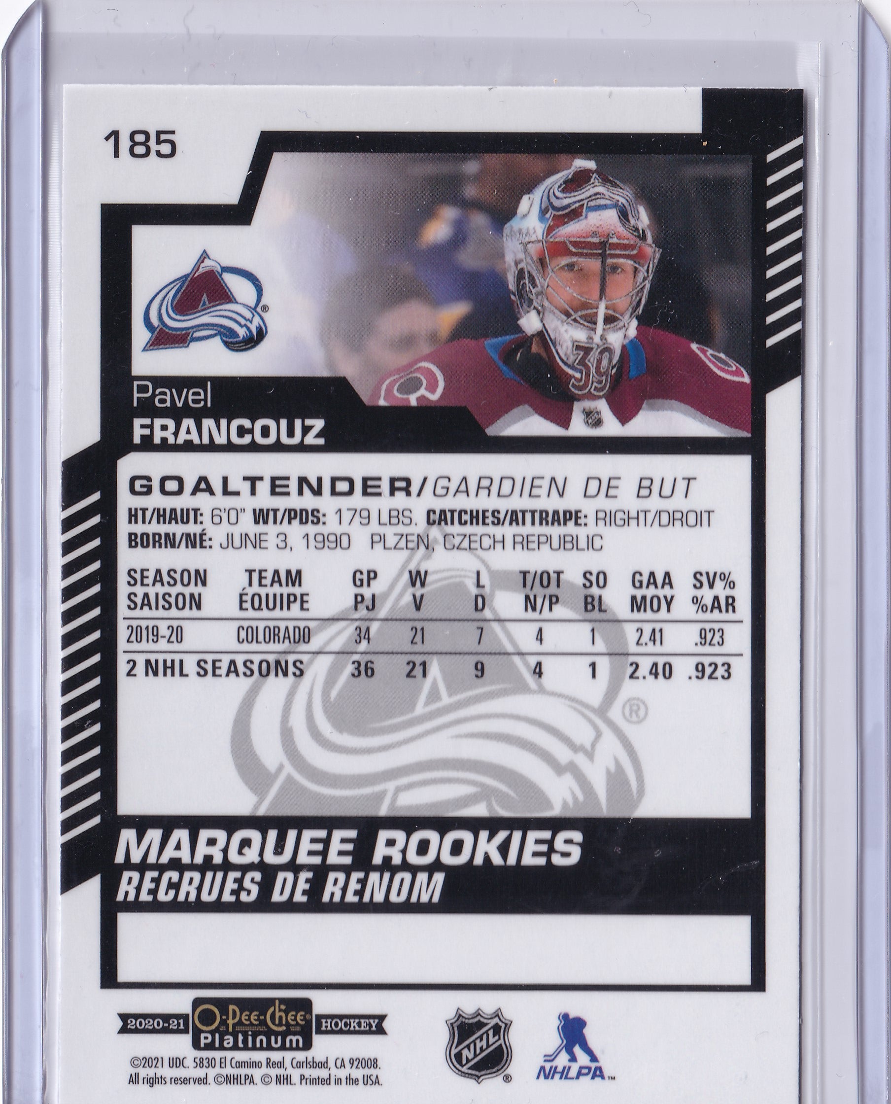 Pavel Francouz – 2020-21 O-Pee-Chee Platinum Marquee Rookies RC #185 – Colorado Avalanche