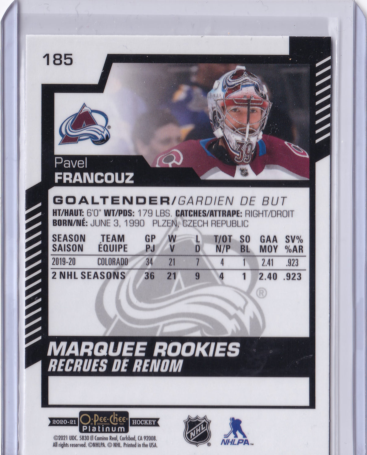 Pavel Francouz – 2020-21 O-Pee-Chee Platinum Marquee Rookies RC #185 – Colorado Avalanche