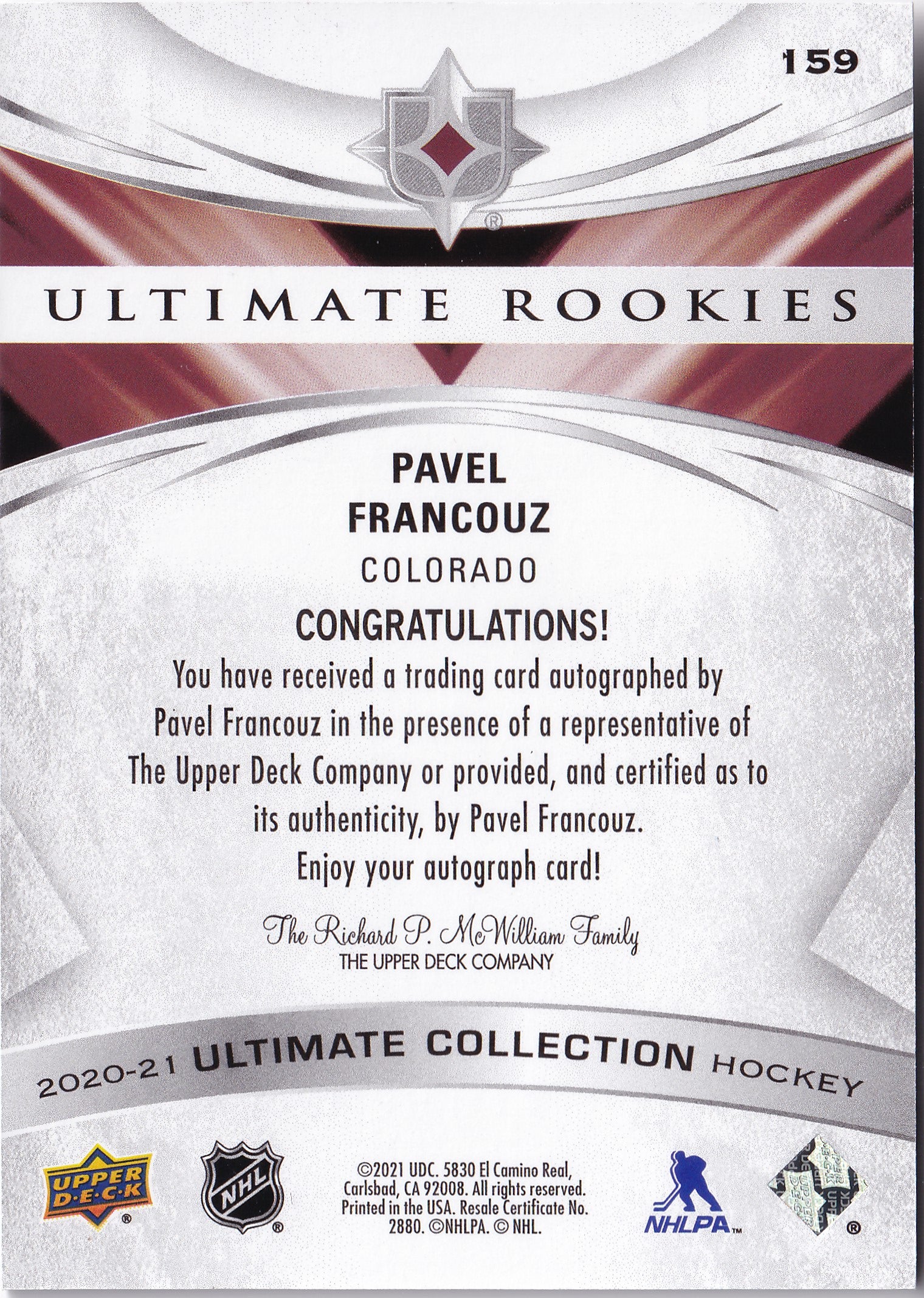 Pavel Francouz – 2020-21 Upper Deck Ultimate Collection Ultimate Rookies Auto #159 /299