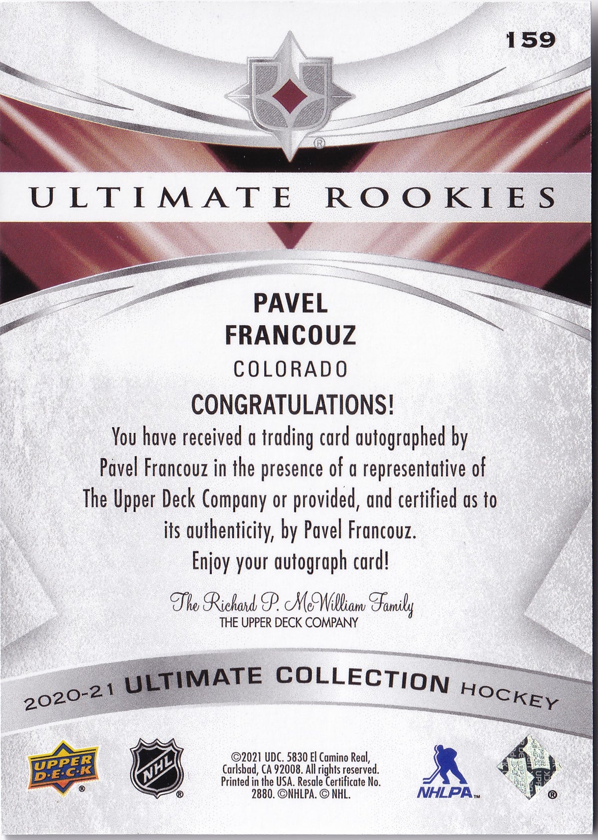 Pavel Francouz – 2020-21 Upper Deck Ultimate Collection Ultimate Rookies Auto #159 /299