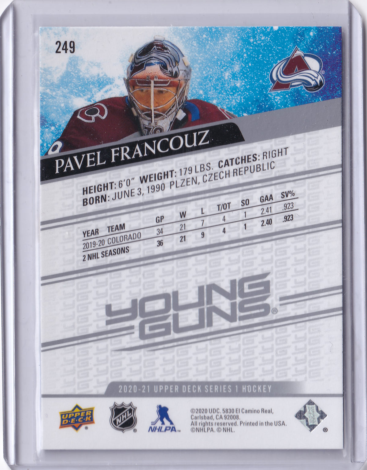 Pavel Francouz #249 – Young Guns Rookie Gold Foil – 2020-21 Upper Deck Series 1