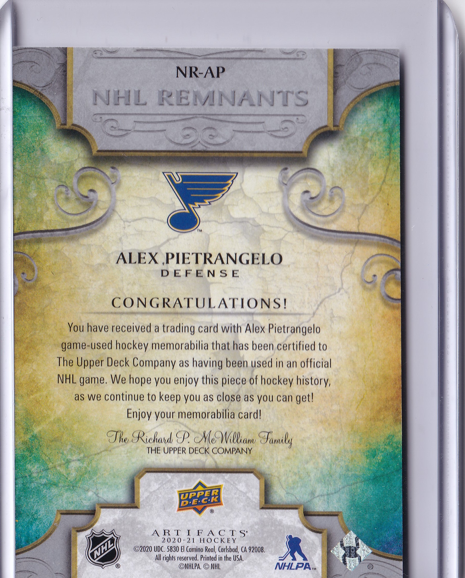 Alex Pietrangelo – 2020-21 Upper Deck Artifacts NHL Remnants Jersey #NR-AP