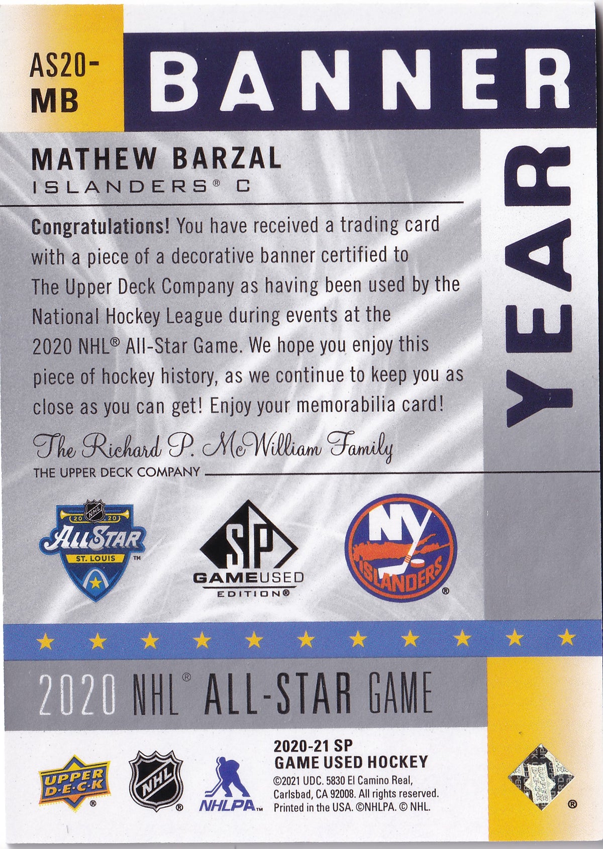 Mathew Barzal – 2020-21 Upper Deck SP Game Used Banner Year – 2020 NHL All-Star Game Banner Relic #AS20-MB