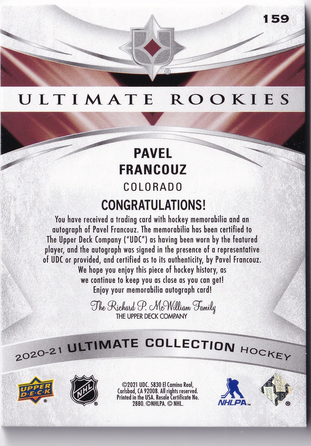 Pavel Francouz – 2020-21 Upper Deck Ultimate Collection Ultimate Rookies Autograph Patch #159 /99 – RC Auto Patch