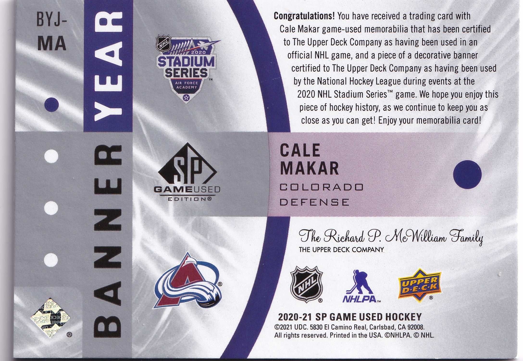 Cale Makar – 2020-21 Upper Deck SP Game Used NHL Stadium Series Banner-Jersey Relics #BYJ-MA – Game-Used Jersey & Banner