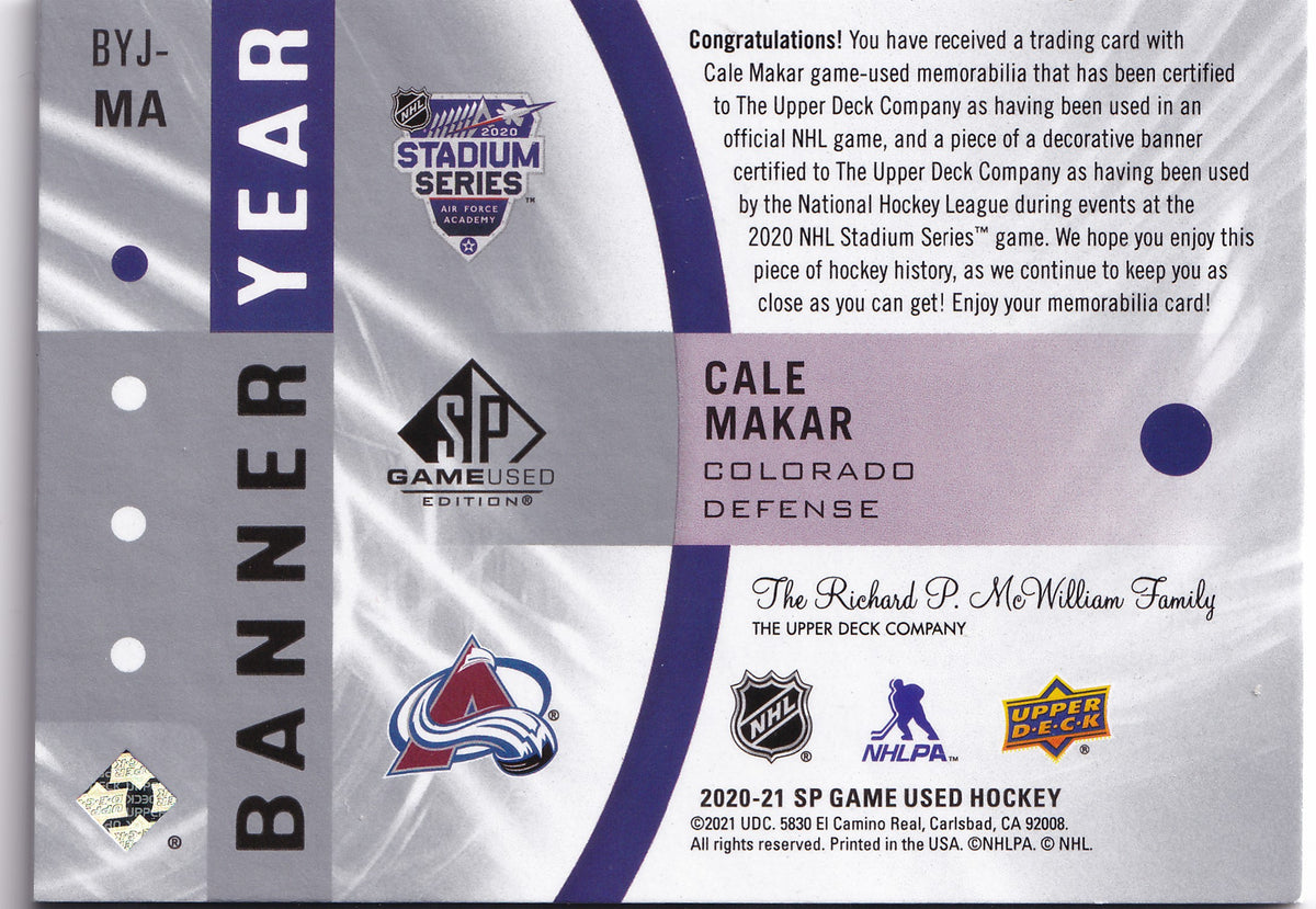 Cale Makar – 2020-21 Upper Deck SP Game Used NHL Stadium Series Banner-Jersey Relics #BYJ-MA – Game-Used Jersey & Banner