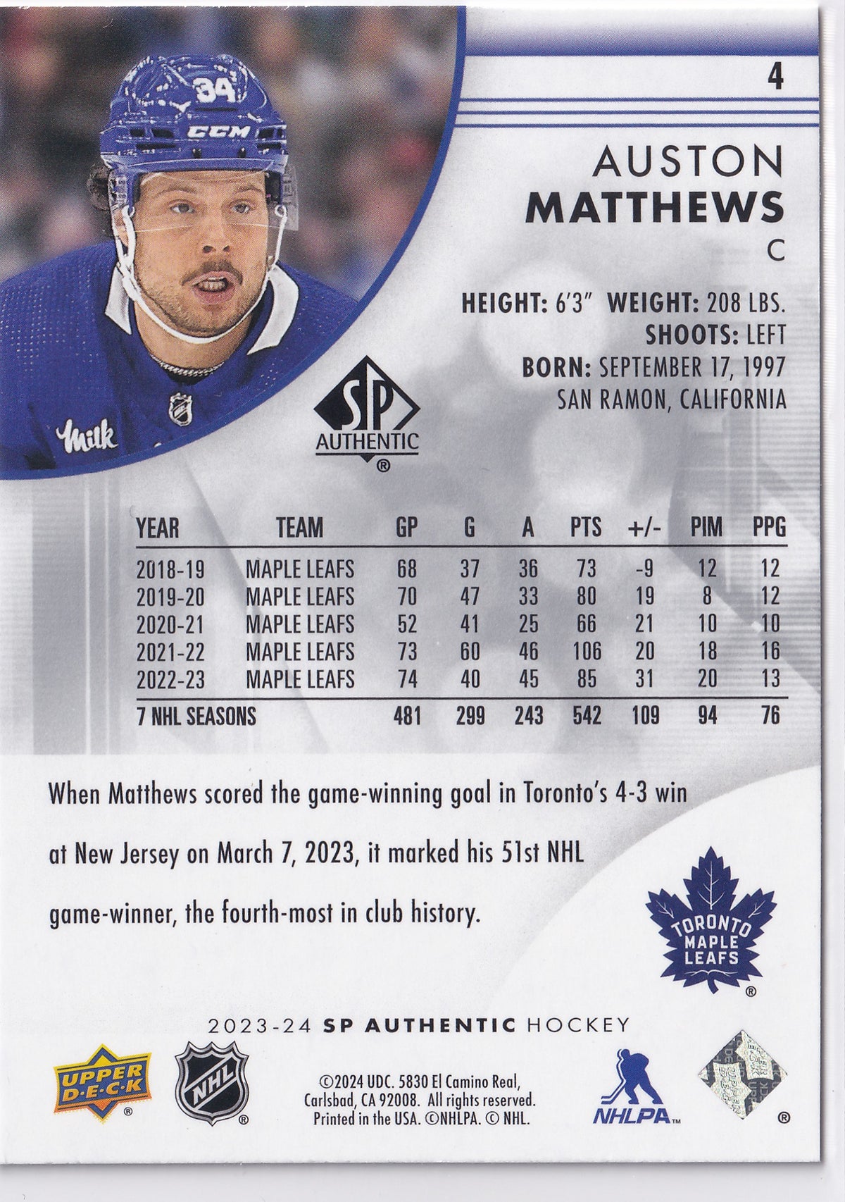 Auston Matthews 2023-24 SP Authentic #4 Toronto Maple Leafs