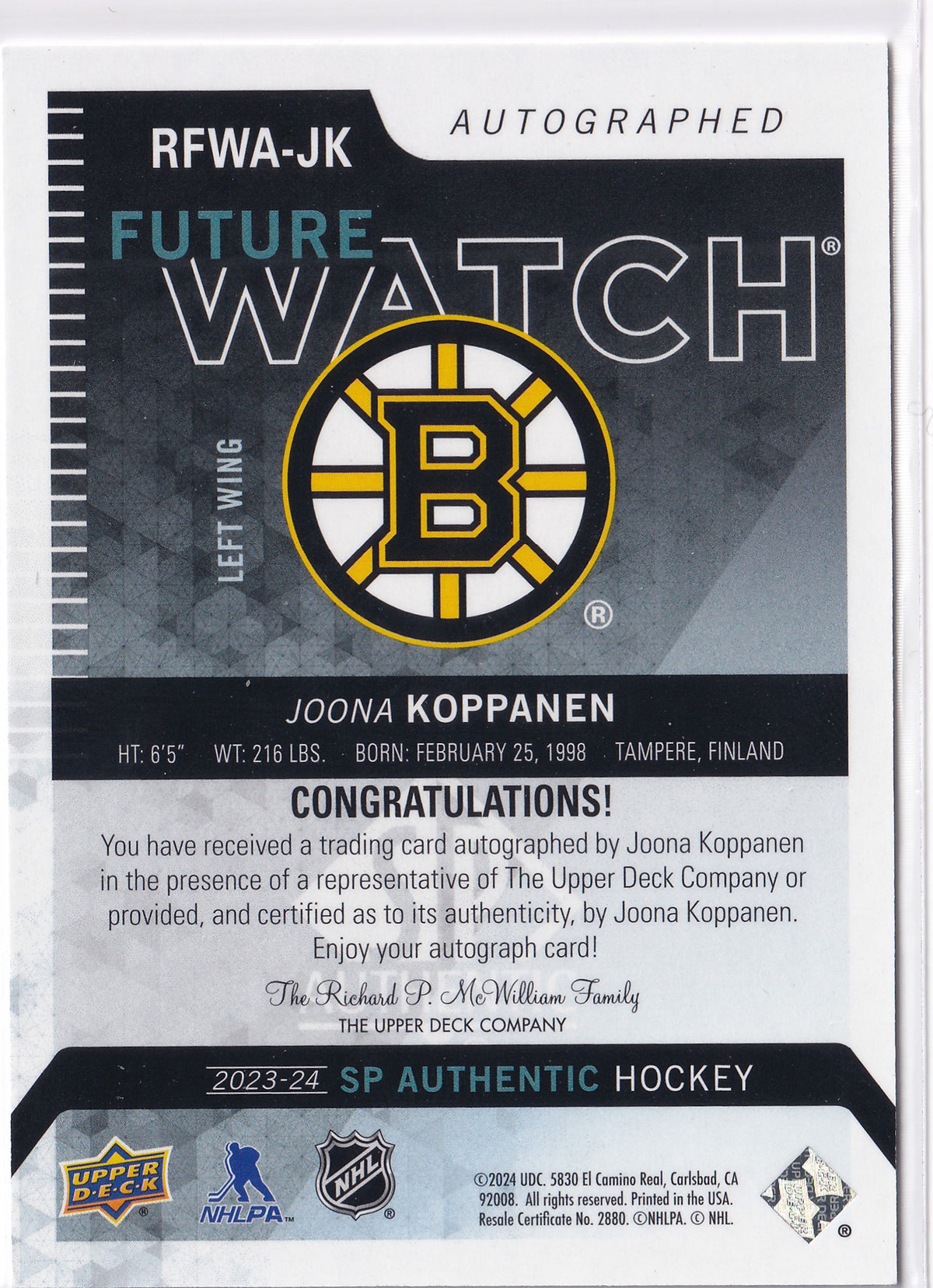 Joona Koppanen 2023-24 SP Authentic Retro Future Watch Auto /699