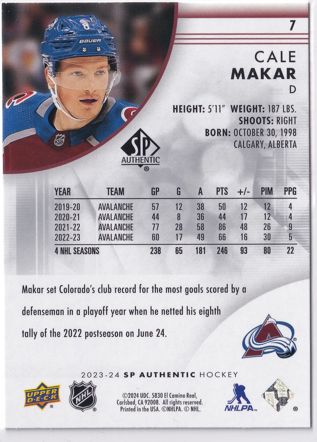 Cale Makar 2023-24 SP Authentic #7 Colorado Avalanche